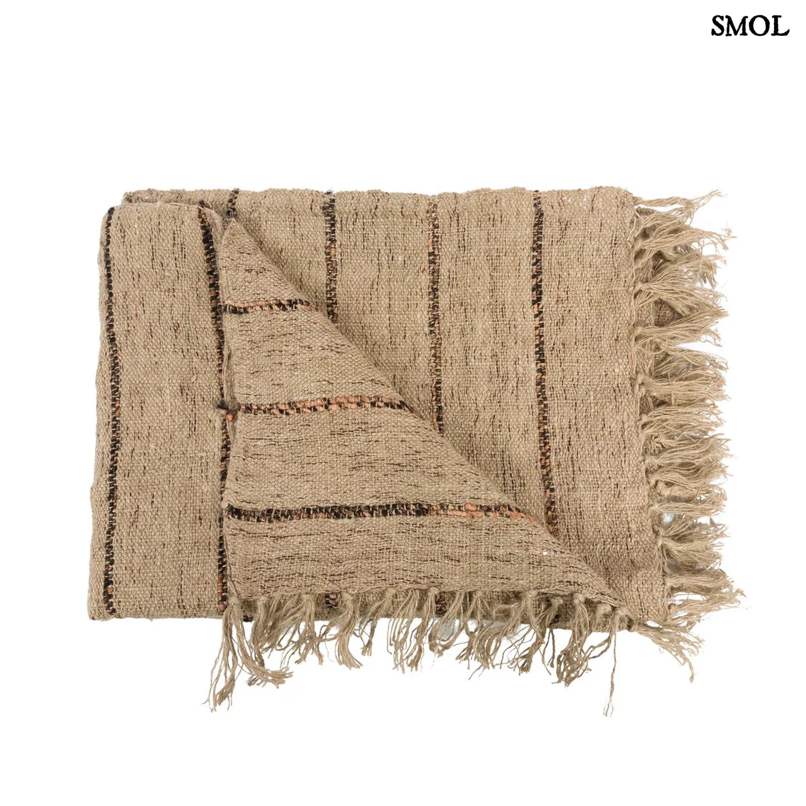 Bézs Pamut Pléd Fekete Csíkokkal | PLAID | SMOL - fehér háttérrel, összehajtva