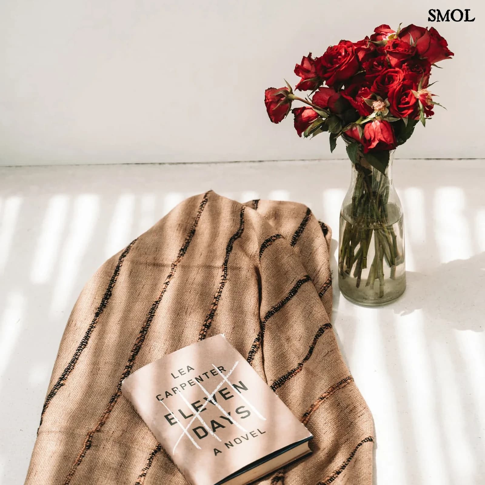 Bézs Pamut Pléd Fekete Csíkokkal | PLAID | SMOL - virággal és könyvvel