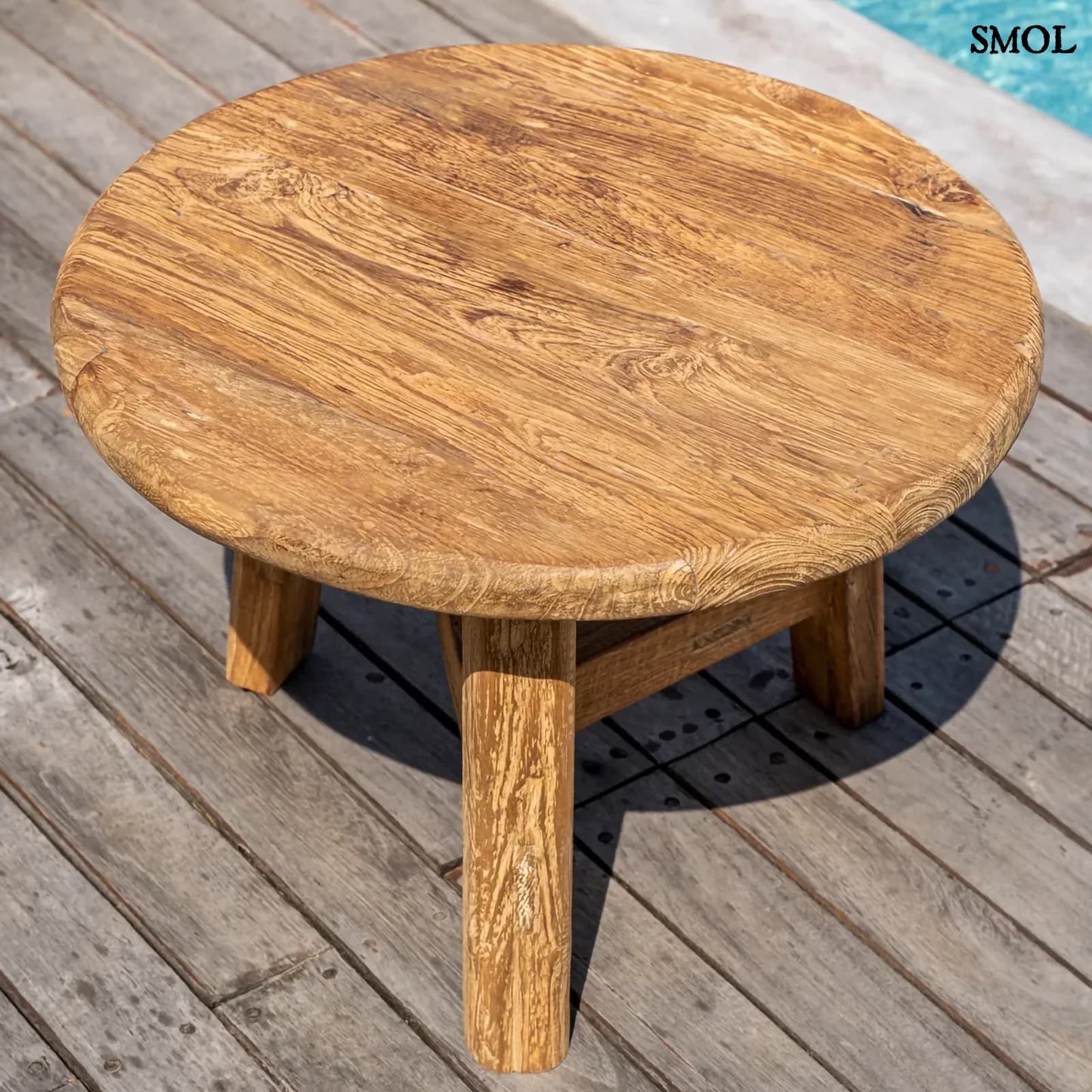 FUSUMA, nagyméretű, teakfa dohányzóasztal, ⌀80 cm - smol.hu - medence mellett