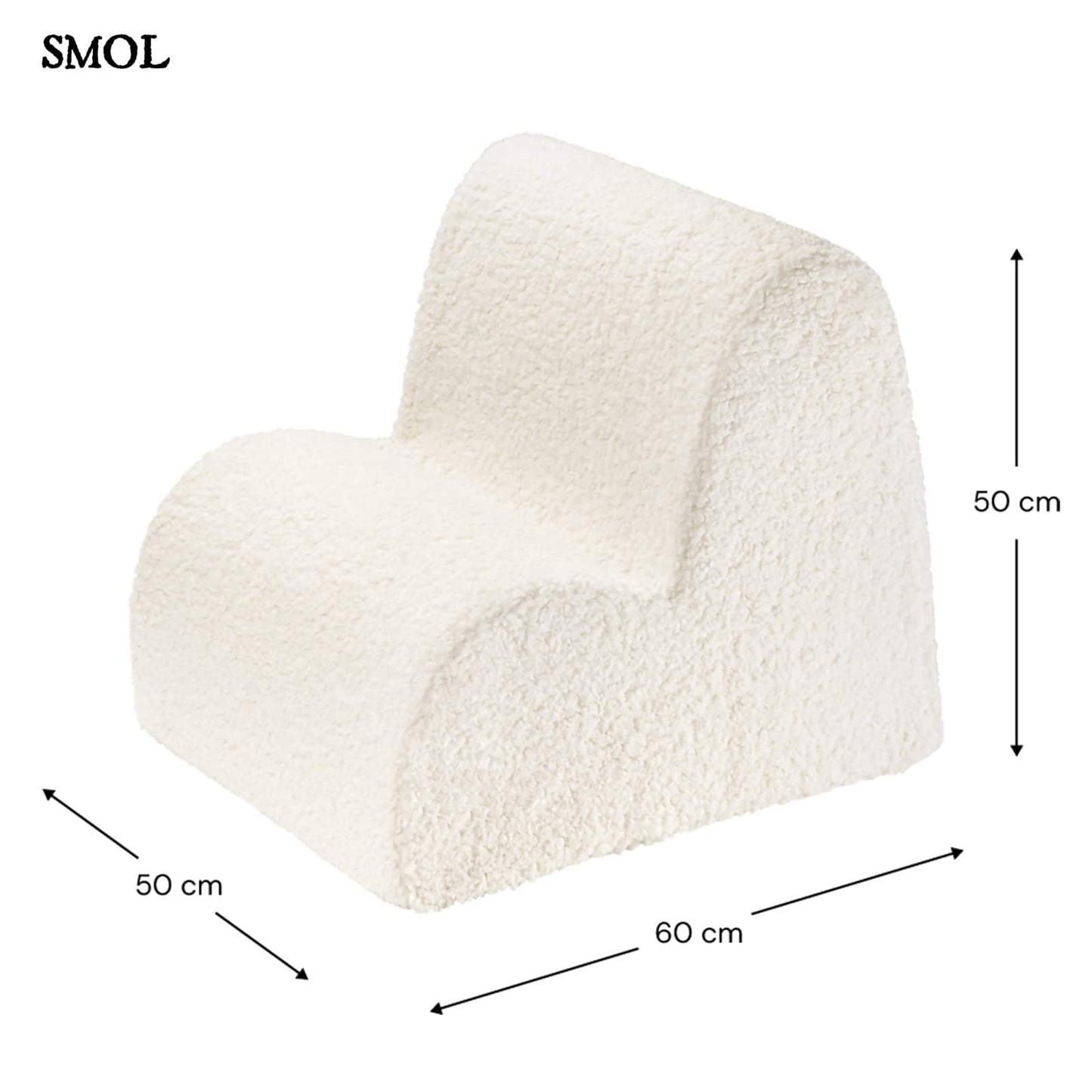Gyerek felhőfotel | CREAM WHITE, felhő alakú, teddy anyagú gyerekfotel, SMOL - méretekkel