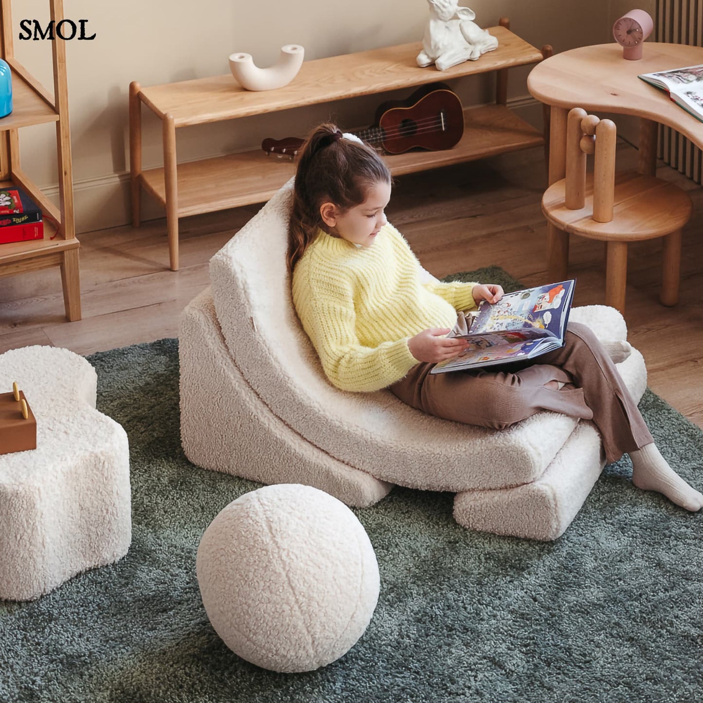Gyerek holdfotel, 3 részes, moduláris | CREAM WHITE -SMOL - olvasó gyerekkel