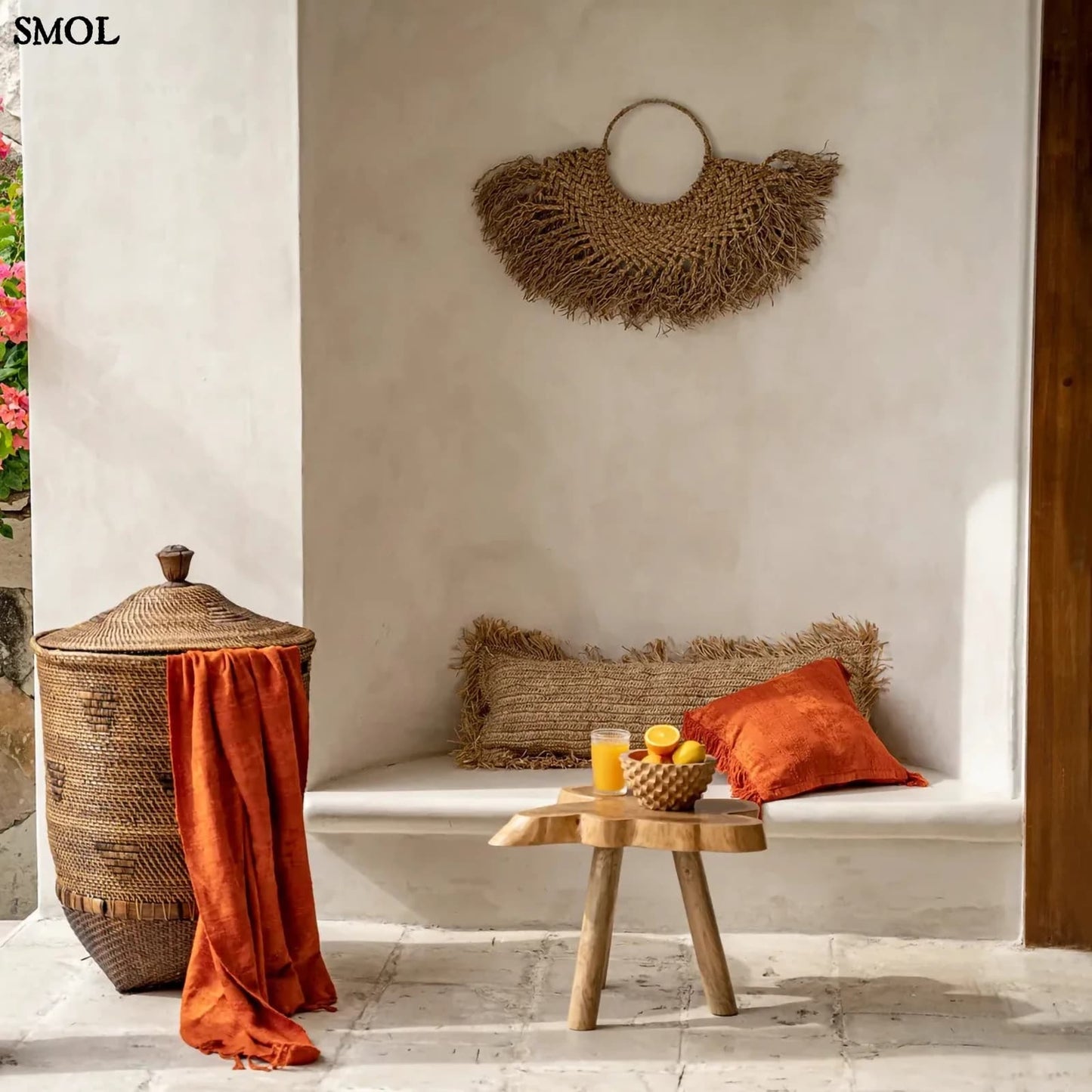 Rattan Tárolókosár fedéllel, 90 cm | COLONIAL LAUNDRY | SMOL - narancssárga pléddel
