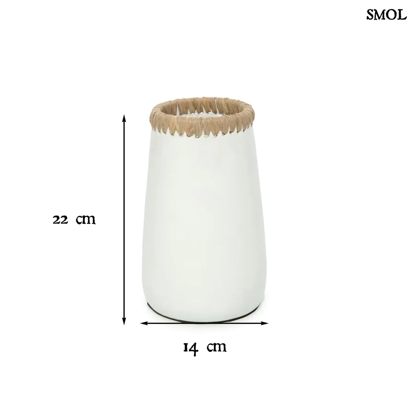 SNEAKY, fehér terrakotta váza raffiával, 22 cm - smol.hu - méretekkel