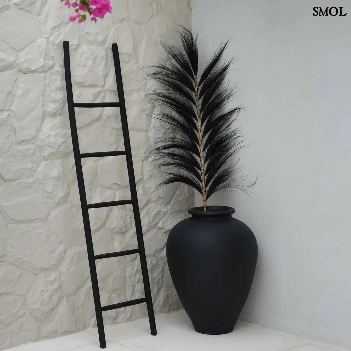 Teakfa Tároló Létra, 165 cm, fekete | TULUM | SMOL - fekete fűvel, kaspóval