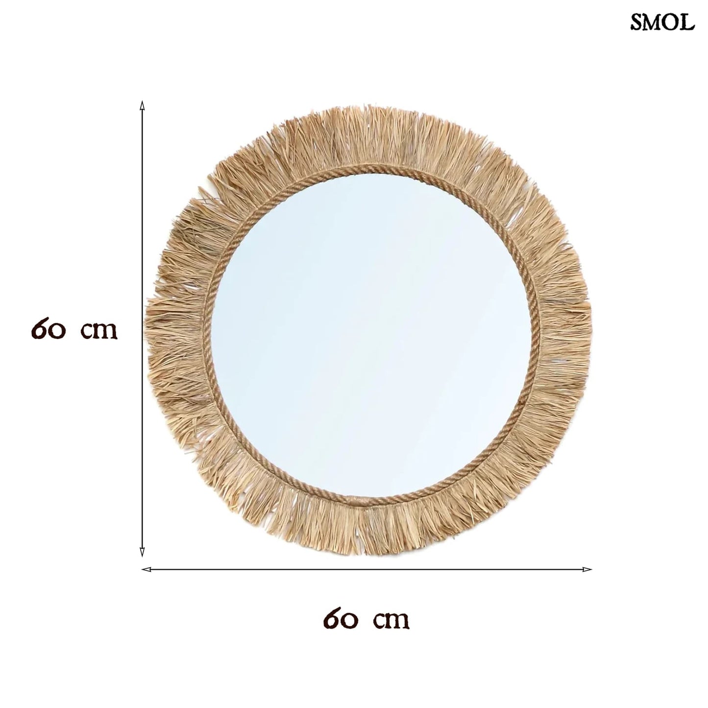 Természetes Raffia Falitükör, ⌀60 cm | TAHITI | SMOL - méretekkel