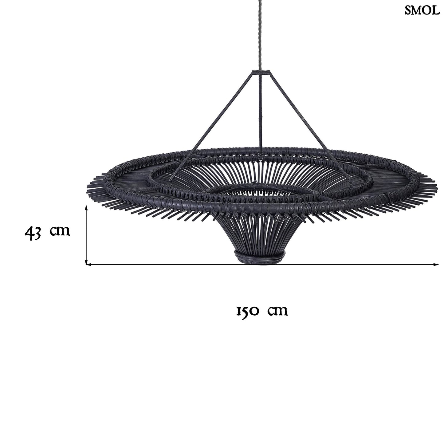 Természetes Rattan Függőlámpaernyő, ⌀150 cm, fekete | SKY | SMOL - méretekkel