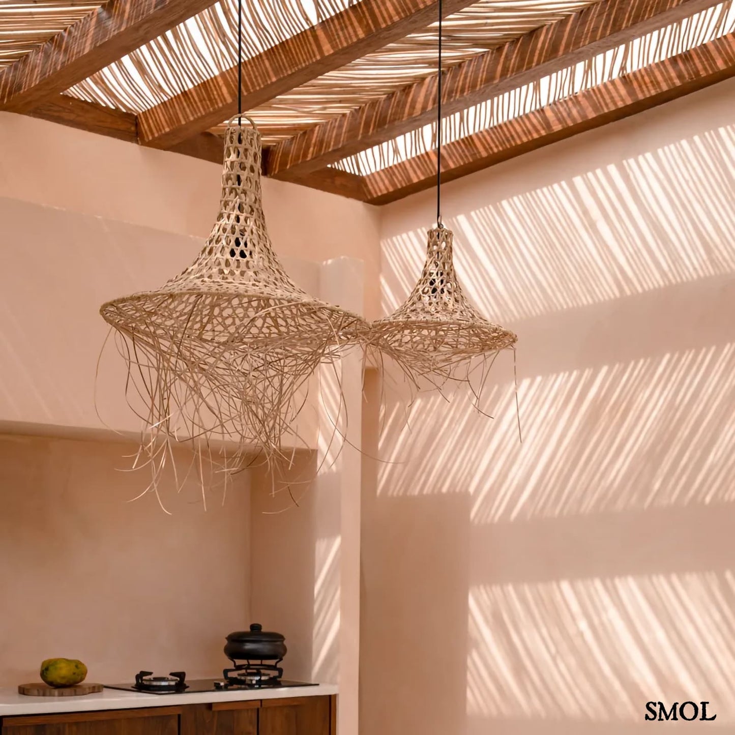 Természetes Rattan Függőlámpaernyő, 40 cm | MYKONOS | SMOL - két méretben, felfüggesztve