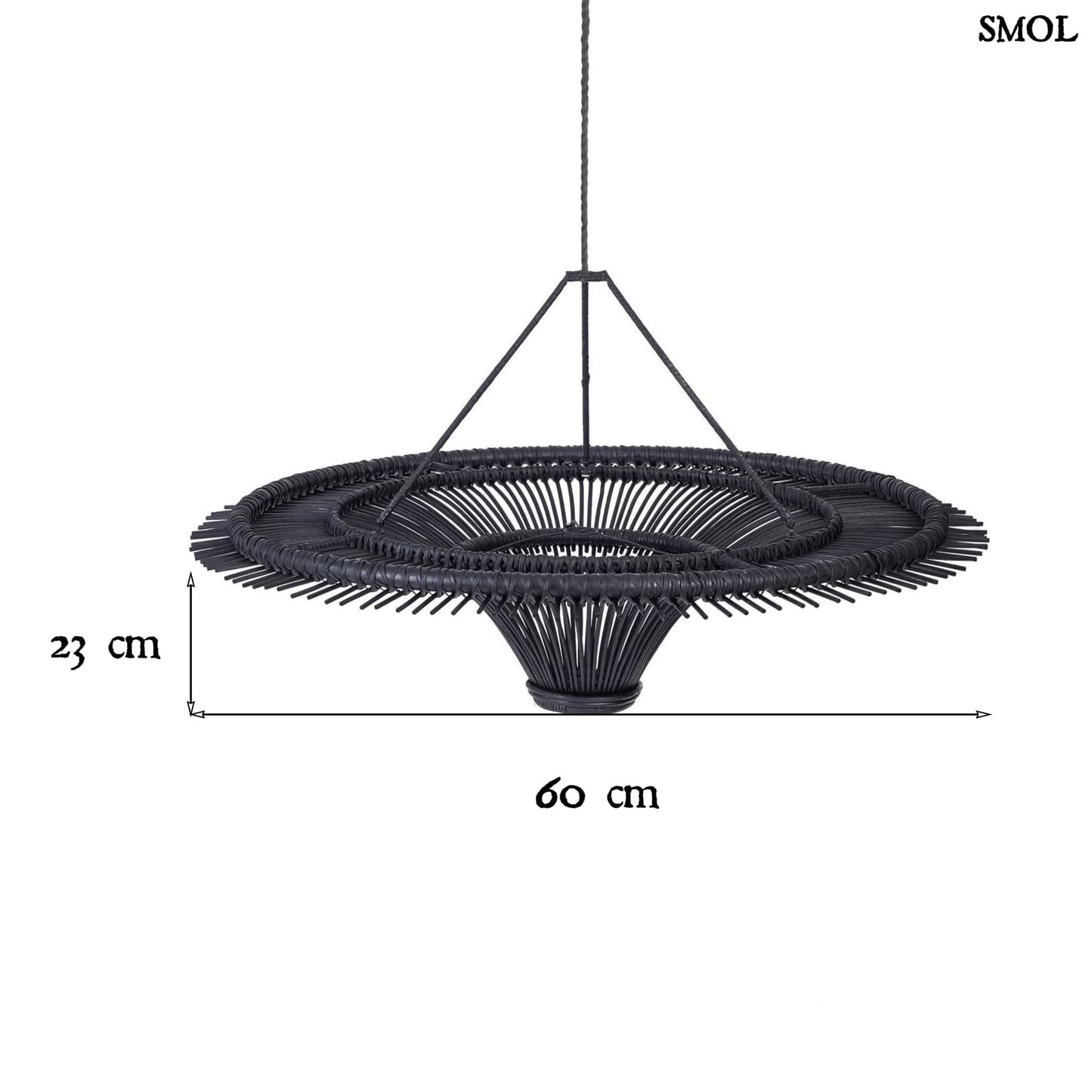 Természetes Rattan Függőlámpaernyő, ⌀60, fekete | SKY | SMOL - méretekkel