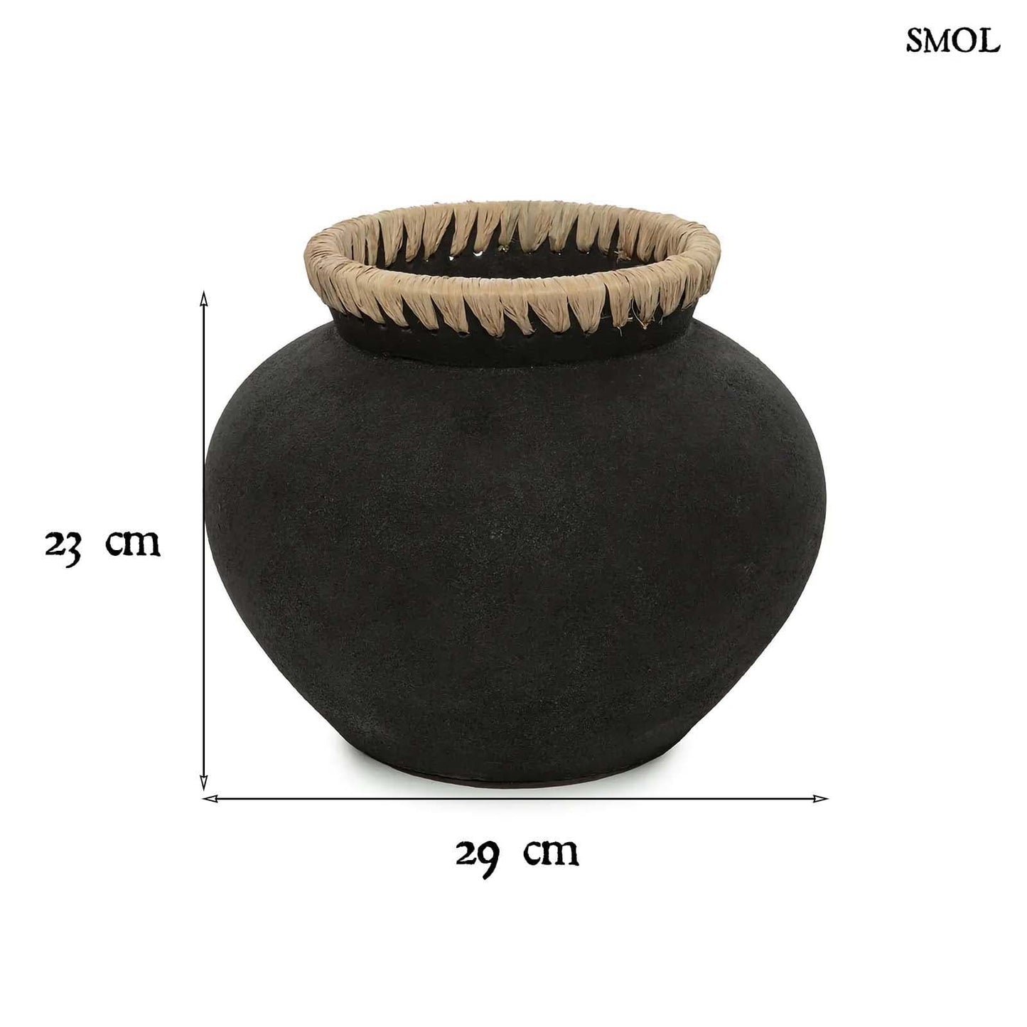 Váza - fekete, terrakotta, raffiával, 29 cm | STAYA - smol.hu - méretekkel
