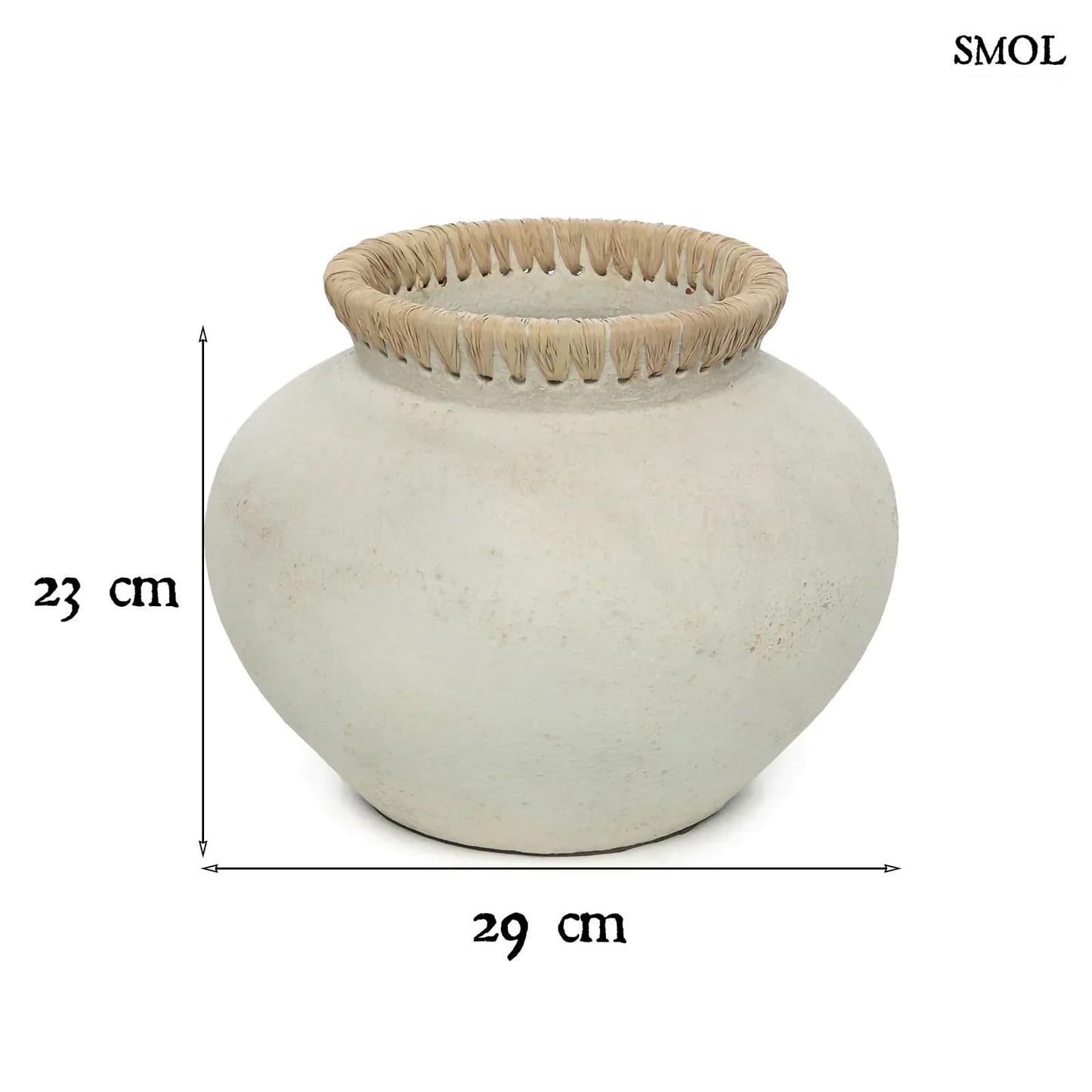 Betonhatású, terrakotta váza raffiával, ⌀29 cm - STYLY - smol.hu - méretekkel