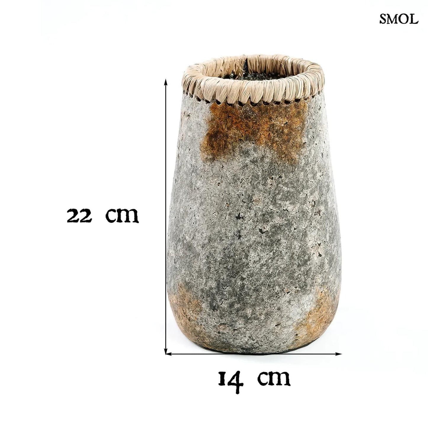 Váza - terrakotta, szürke, raffiával, 22 cm | SUSIE - smol.hu - méretekkel