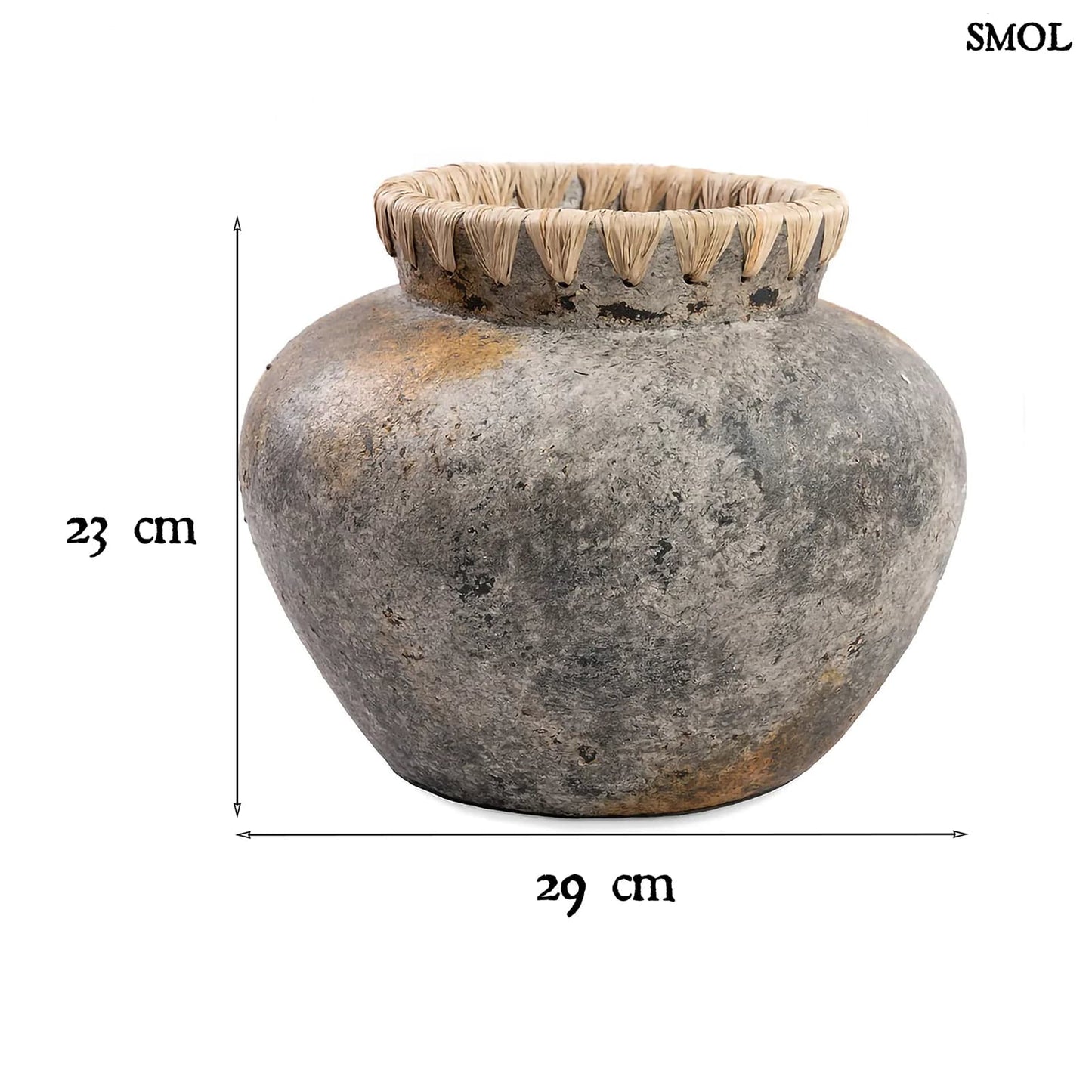 Váza - terrakotta, szürke, raffiával, 29 cm | STENY - smol.hu - méretekkel