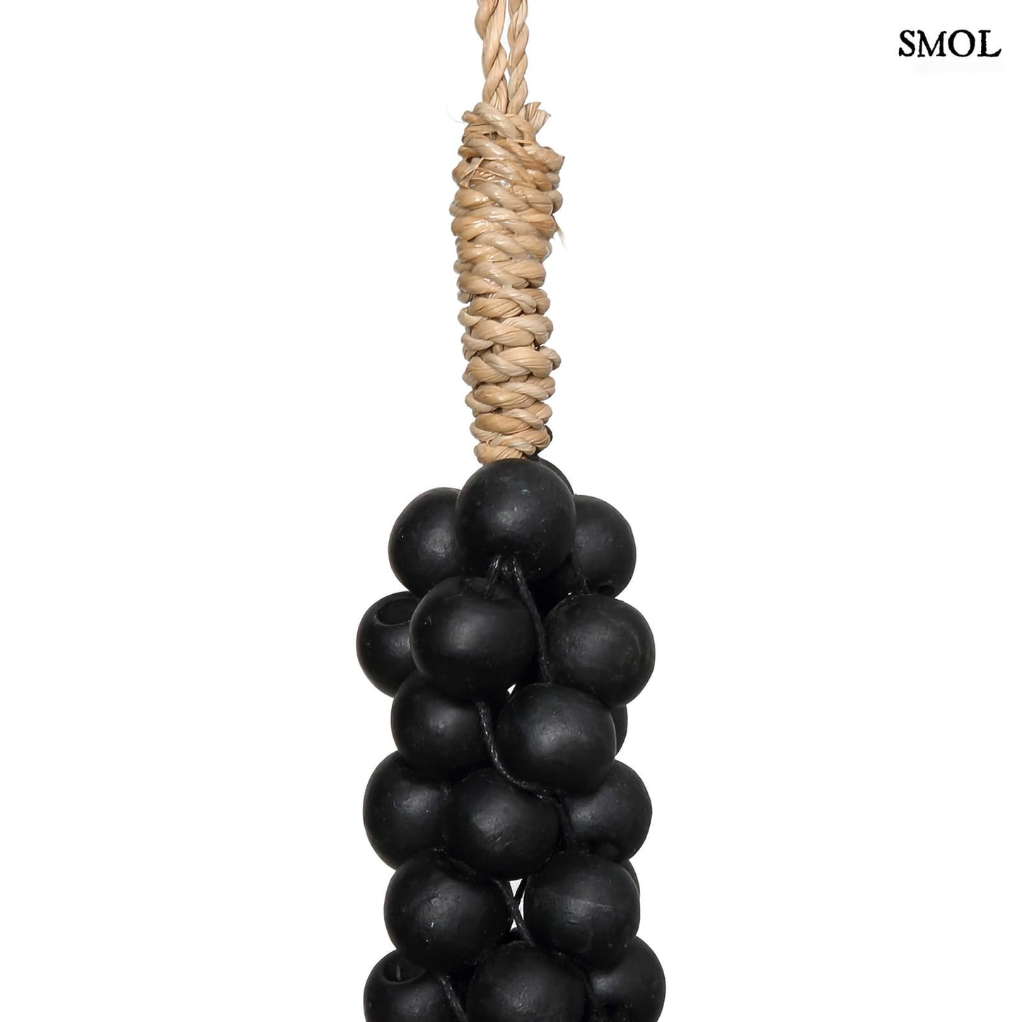 WOODEN BEADS, fekete gyöngyös, bojtos függődísz, 80 cm - smol.hu - csomó nagyítva
