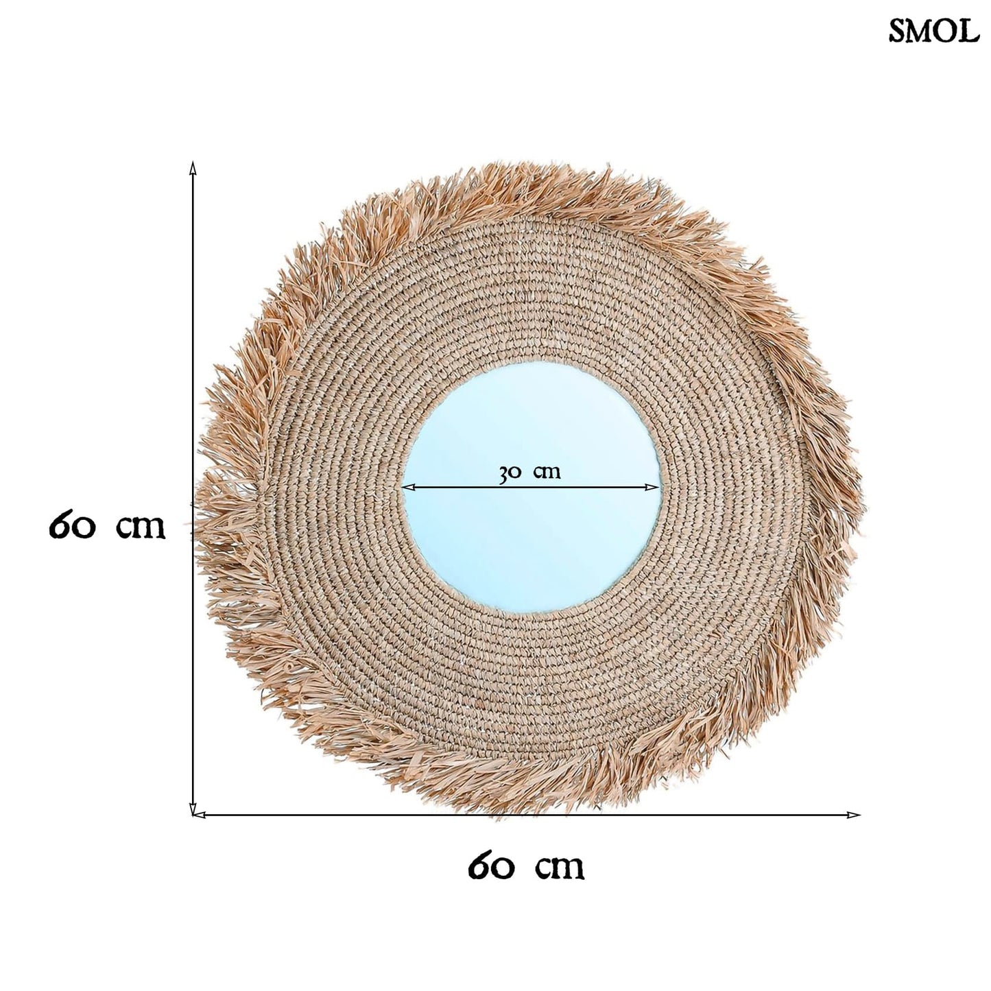 YEMA, falitükör dekoráció természetes raffiával, ⌀60 cm - smol.hu - méretekkel