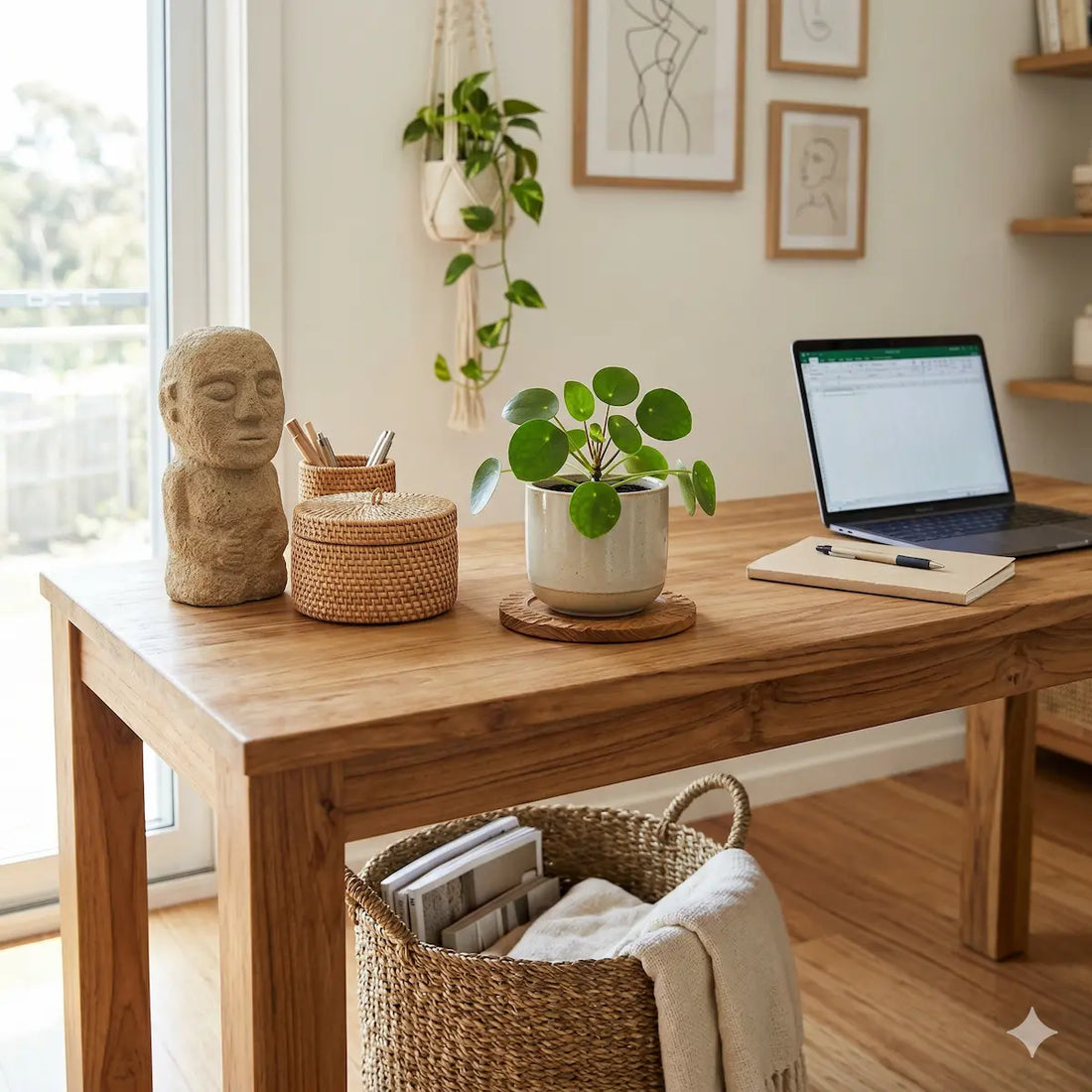home office kosárral, szoborral és növényekkel