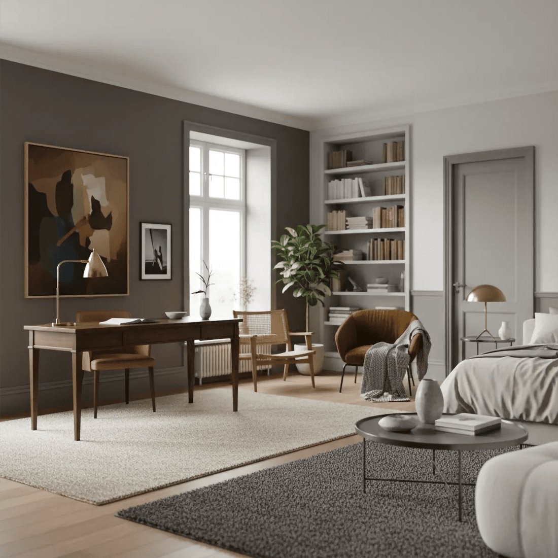 Nappali szürke fallal barna bútorokkal