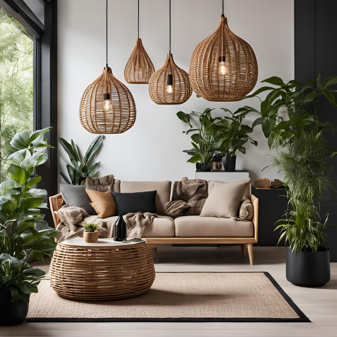 Modern nappali fenntartható dizájnnal, természetes anyagokból készült bútorokkal és rattan lámpákkal, zöld szobanövényekkel körülvéve.