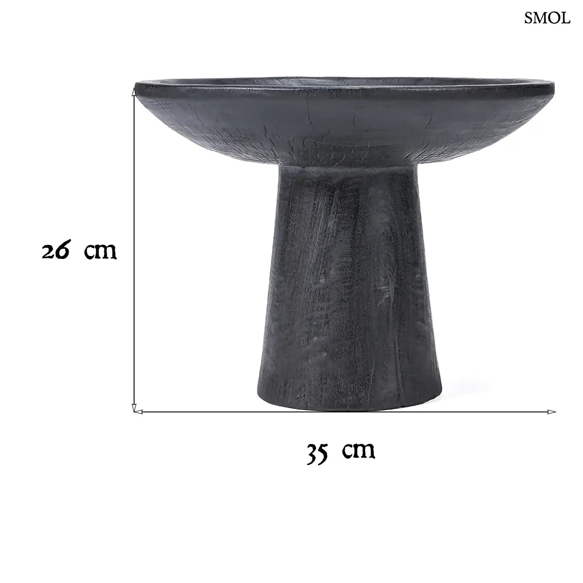 Fekete talpas kerek mangófa tálca, 35×26 cm, méretekkel