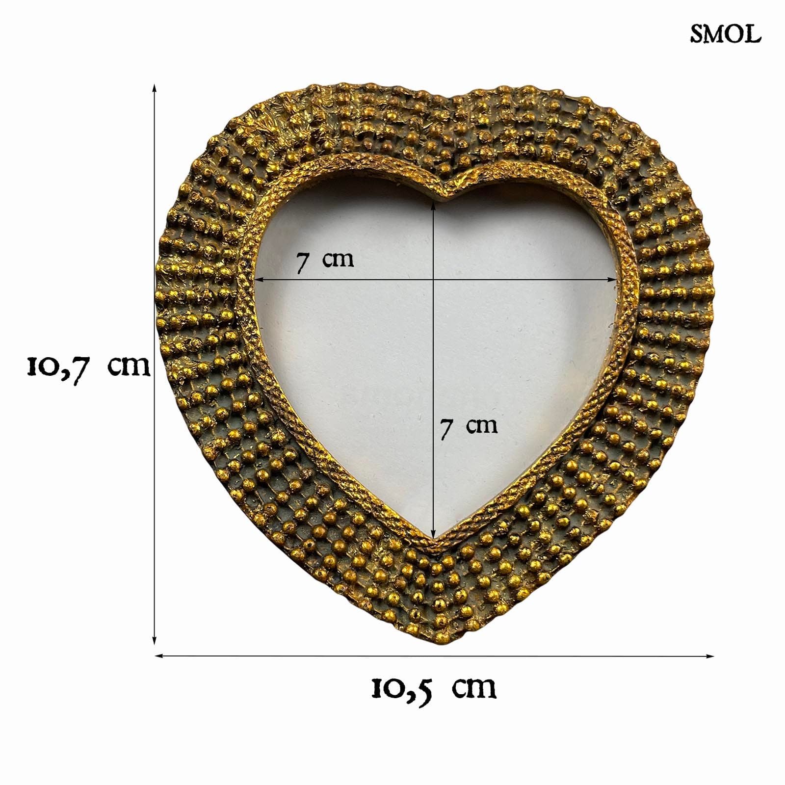 ADORE – szív alakú, antik arany asztali képkeret - 11 cm - smol.hu - méretekkel