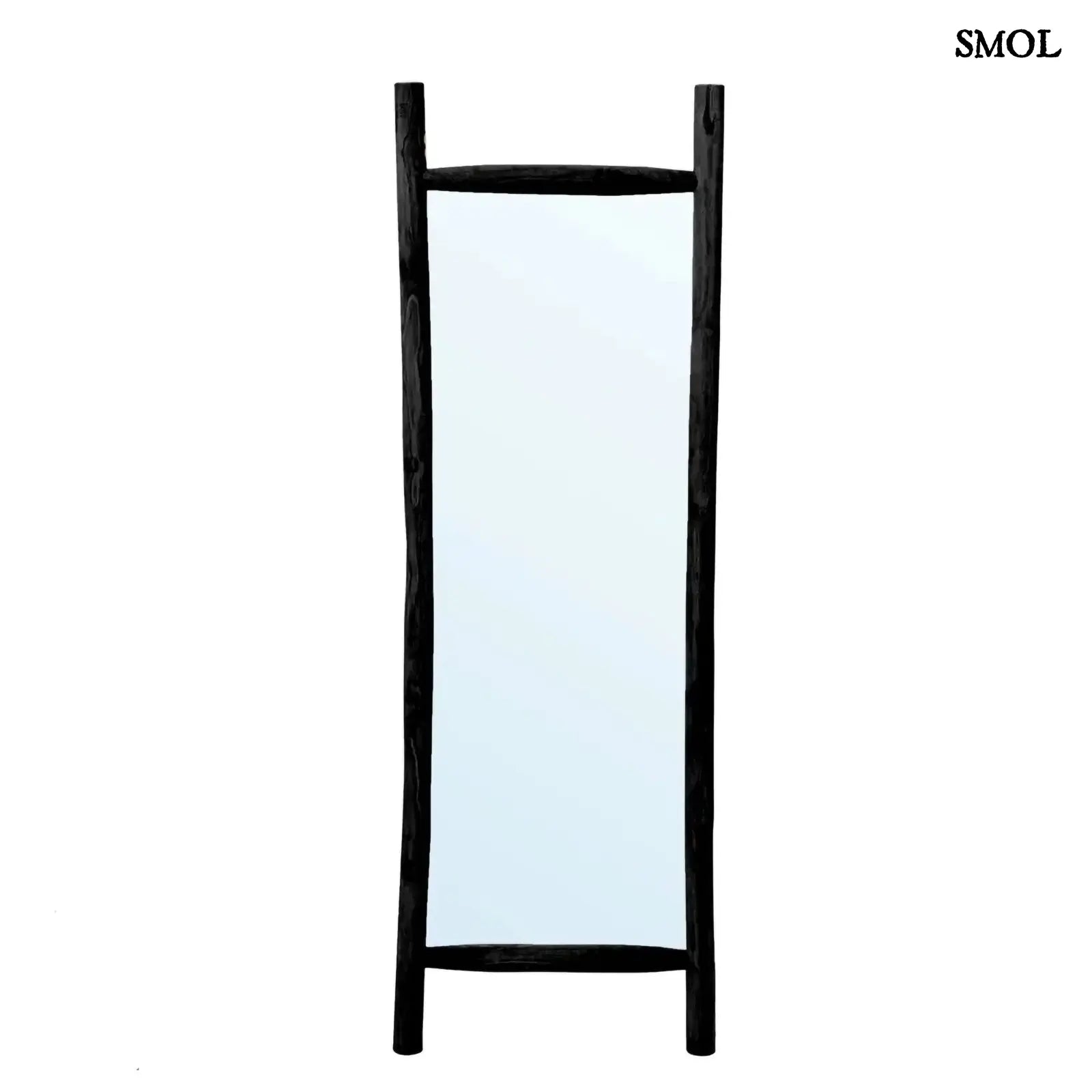 állótükör fekete teakfa keretben fehér háttérrel