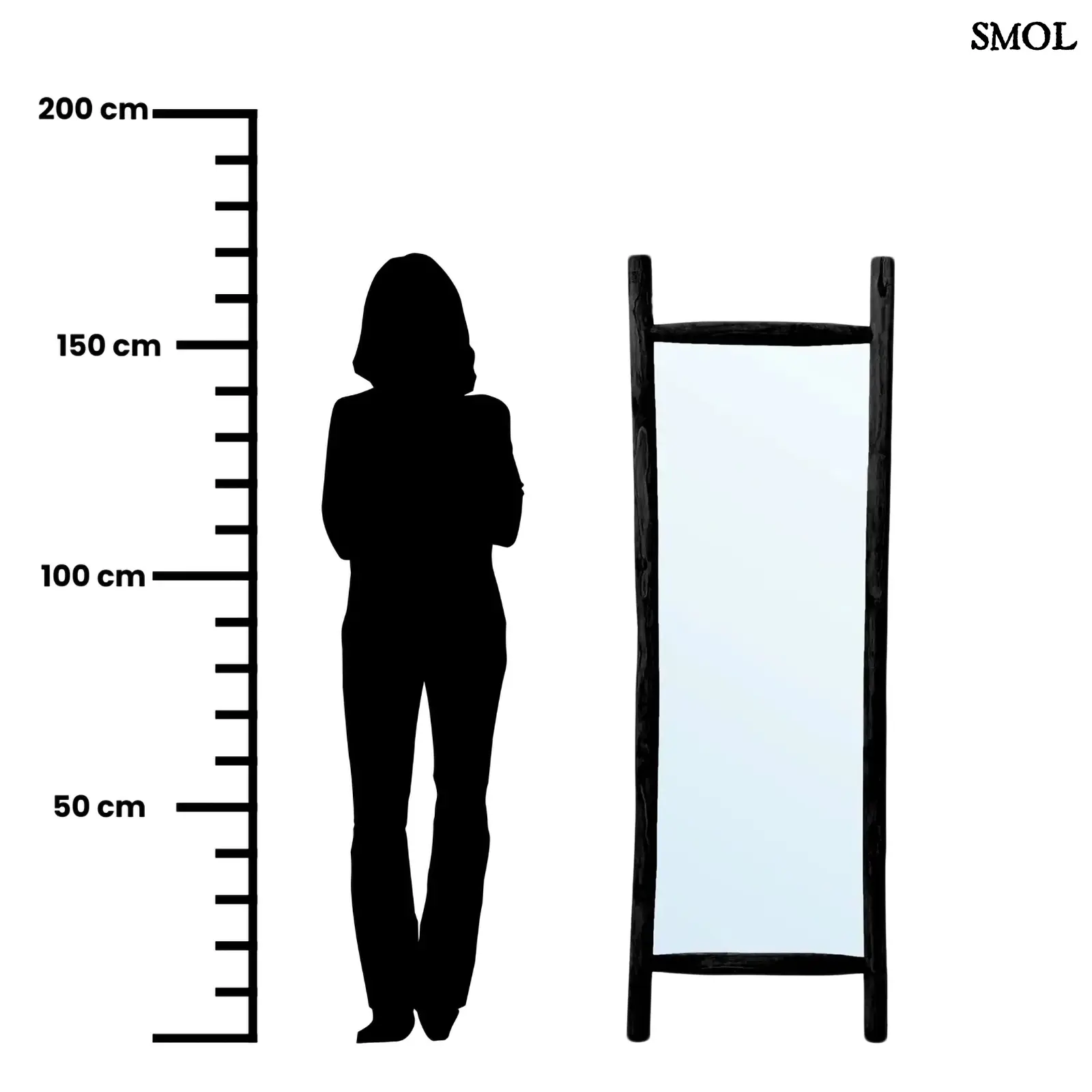 állótükör fekete teakfa keretben méretarányosan