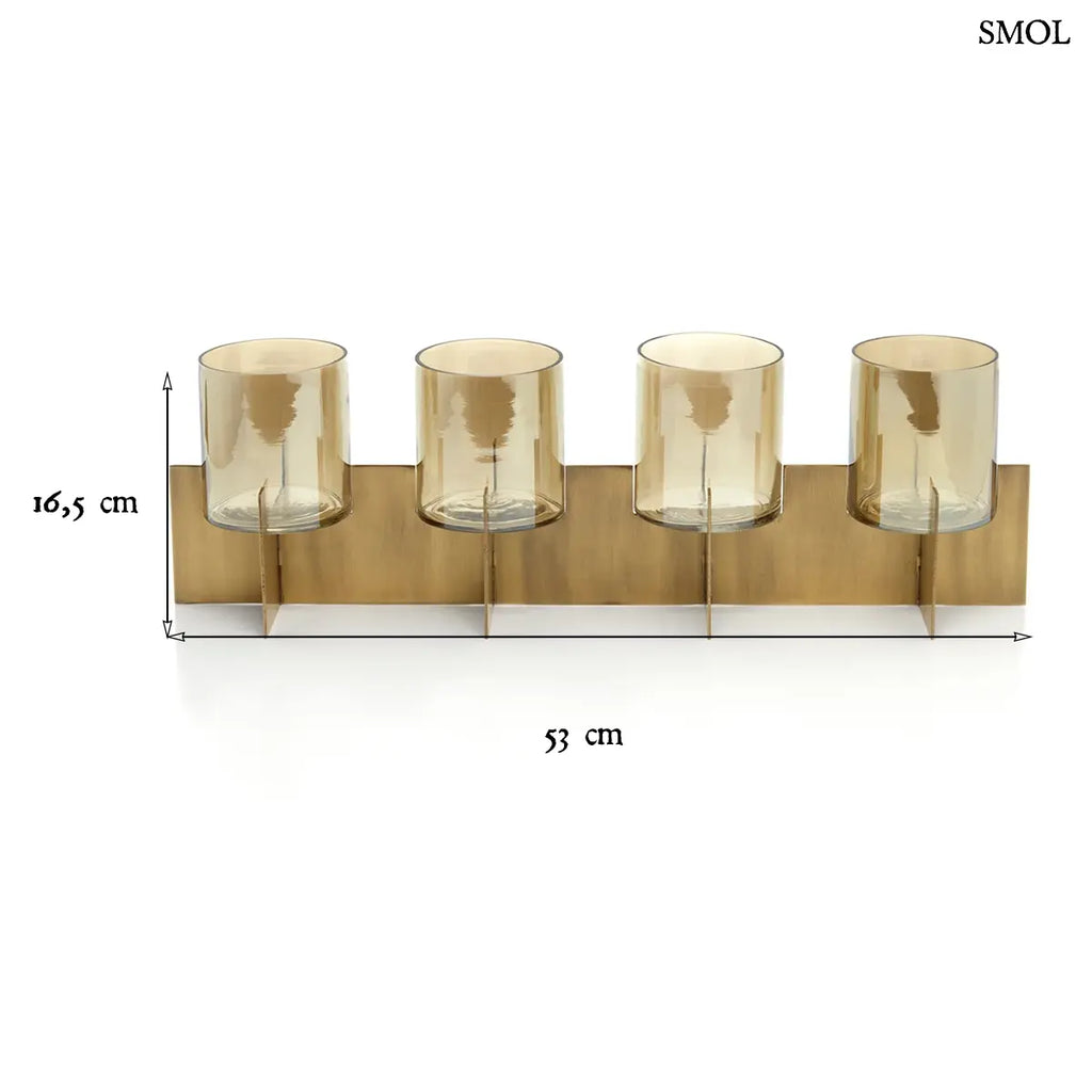 Modern, négyrészes asztali gyertyatartó antikolt sárgaréz vázban, borostyánszínű üvegpoharakkal, méretekkel
