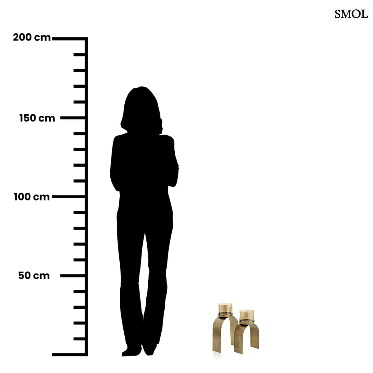 Arany mécsestartó szett két különböző méretű, íves sárgaréz tartóval és borostyánszínű üveggel, méretarányosan