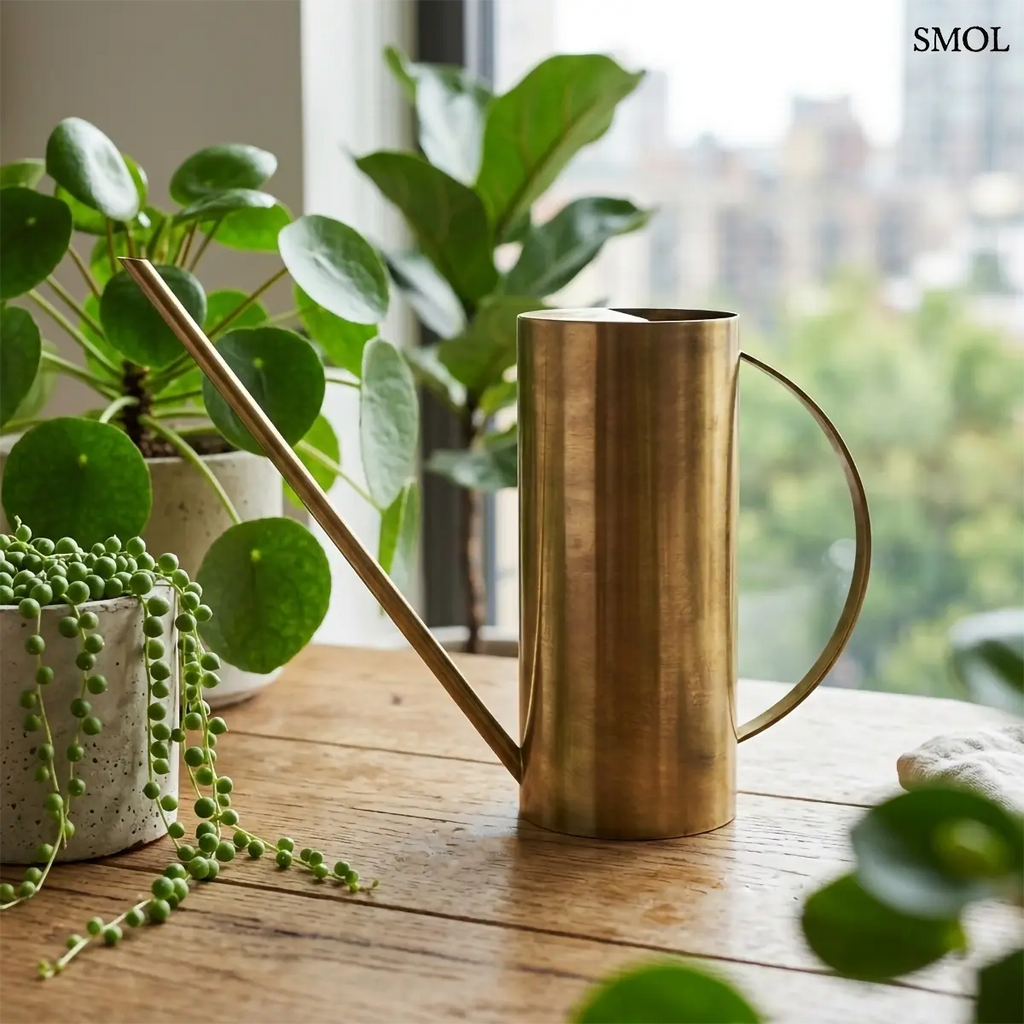 Elegáns sárgaréz öntözőkanna hosszú, vékony kiöntővel és íves fogantyúval, zöld növényekkel