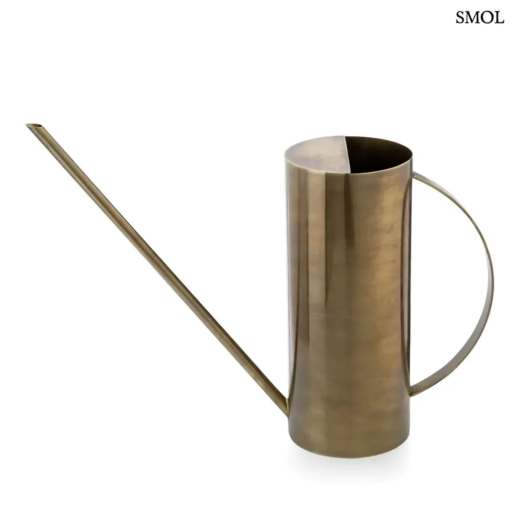 Elegáns sárgaréz öntözőkanna hosszú, vékony kiöntővel és íves fogantyúval, fehér háttérrel