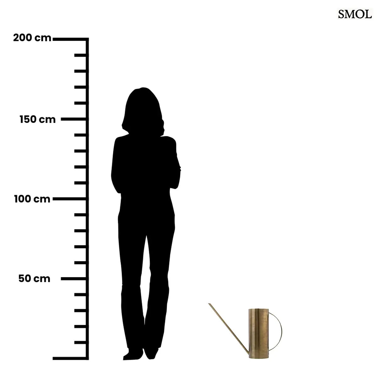 Elegáns sárgaréz öntözőkanna hosszú, vékony kiöntővel és íves fogantyúval, méretarányosan