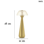 Vezeték nélküli asztali lámpa sárgaréz alappal és textúrált gomba búrával, méretekkel