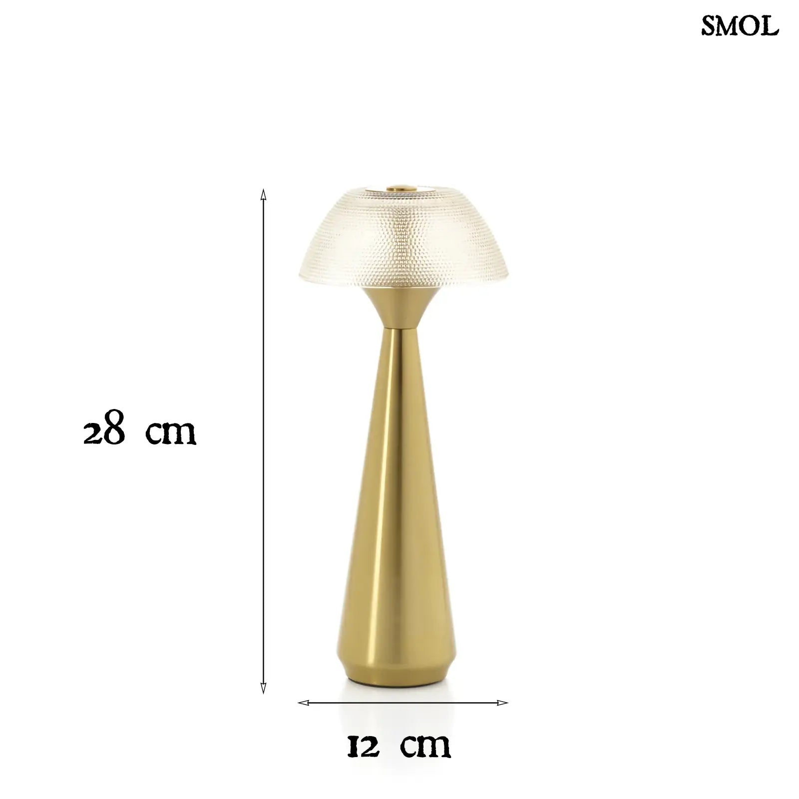 Vezeték nélküli asztali lámpa sárgaréz alappal és textúrált gomba búrával, méretekkel