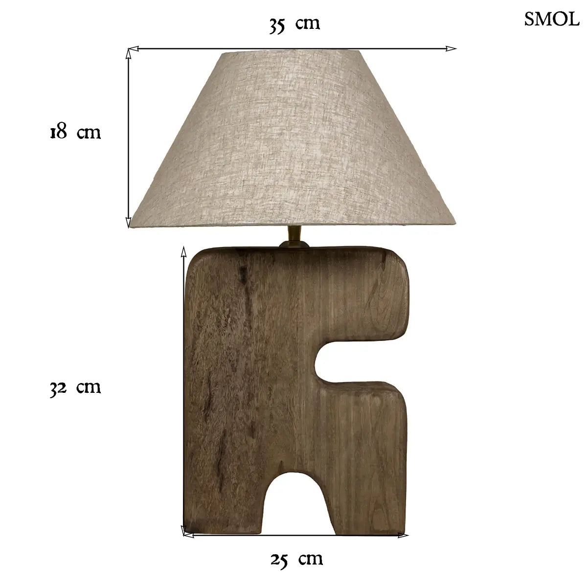 Absztrakt, tömör fából faragott asztali lámpa világos bézs vászon lámpabúrával, méretekkel