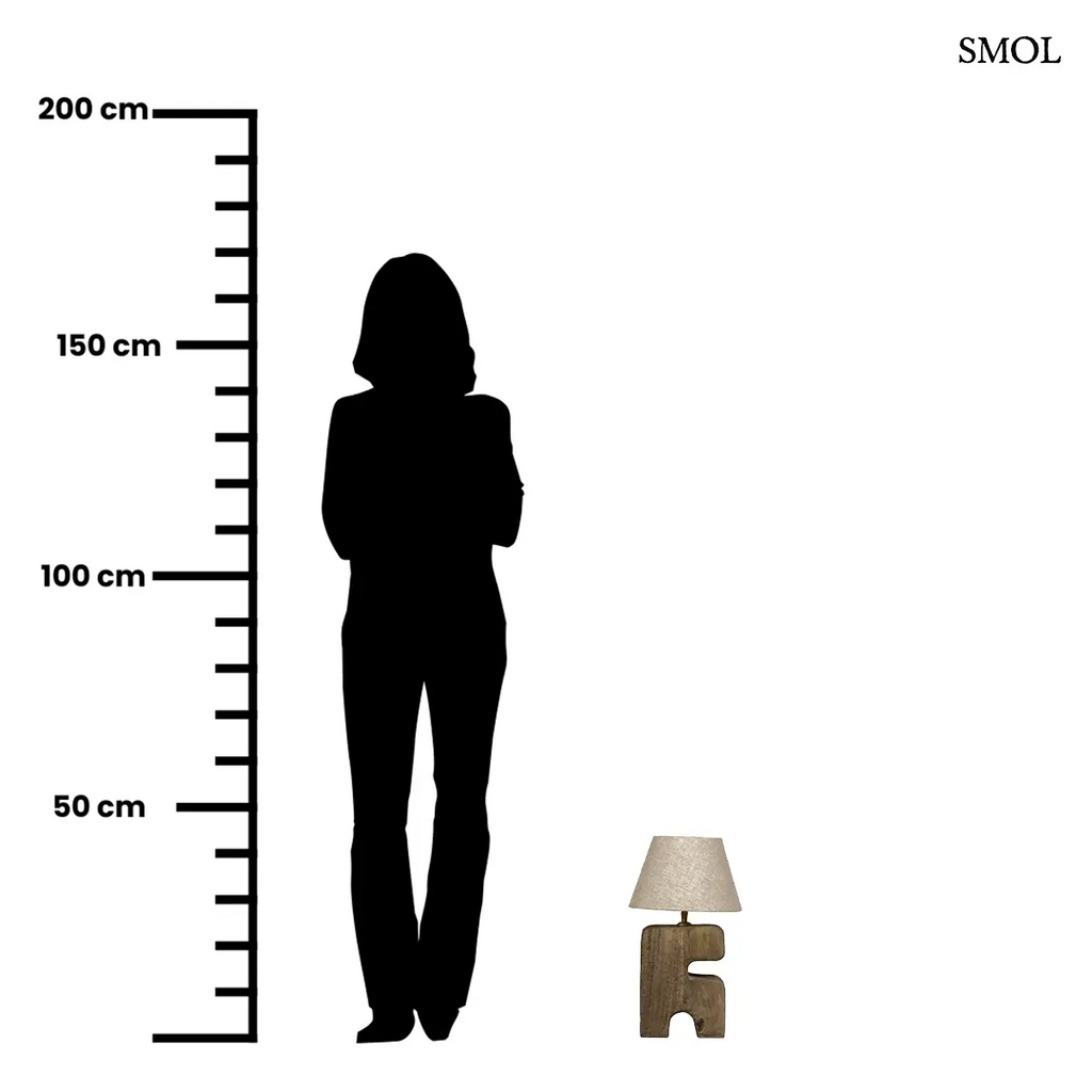 Geometrikus kivágott fa talpú asztali lámpa lenvászon ernyővel, S méret, barna, méretarányosan
