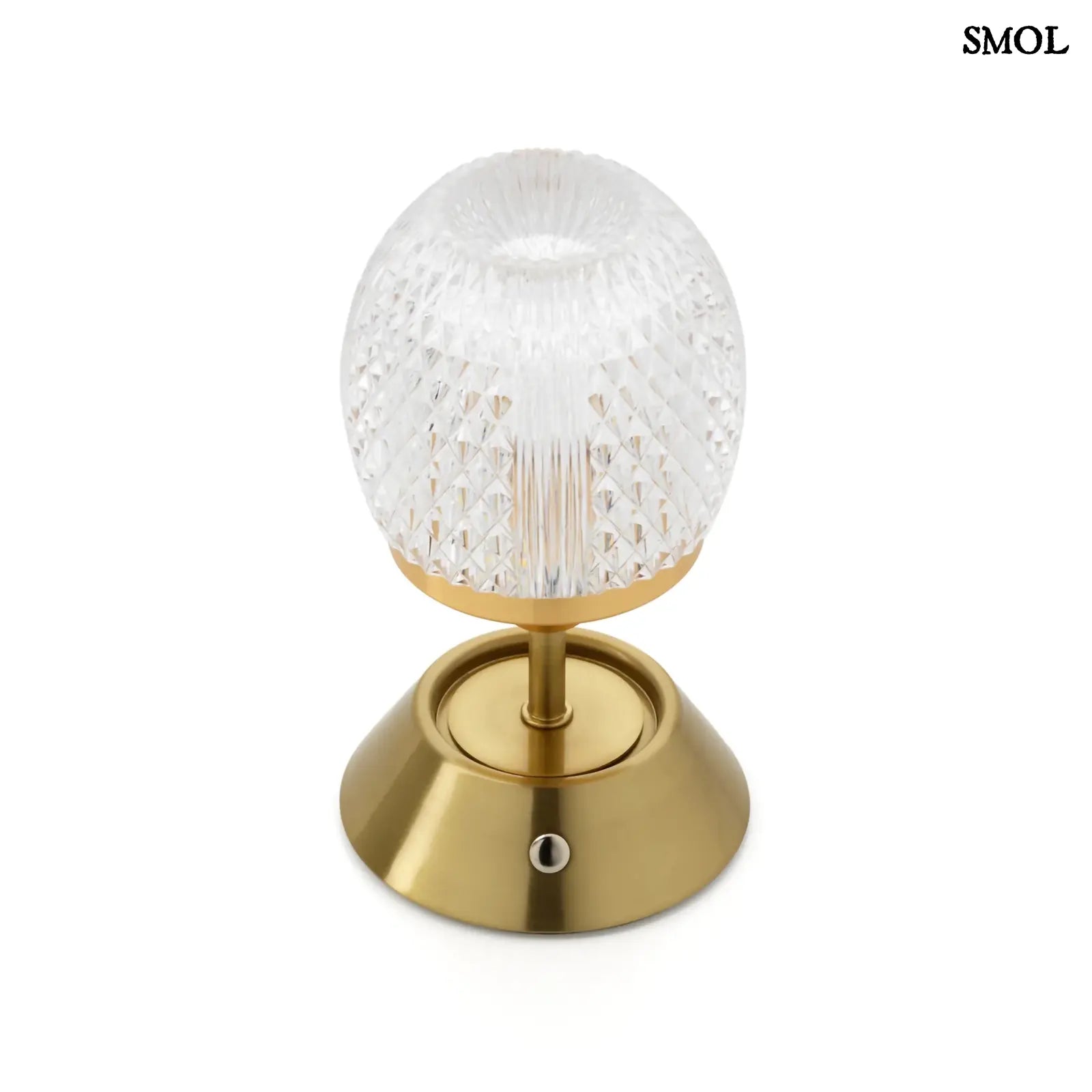 Sárgaréz talpú, kristályhatású, fazettált üveg búrával ellátott, hordozható, tölthető LED asztali lámpa felülről