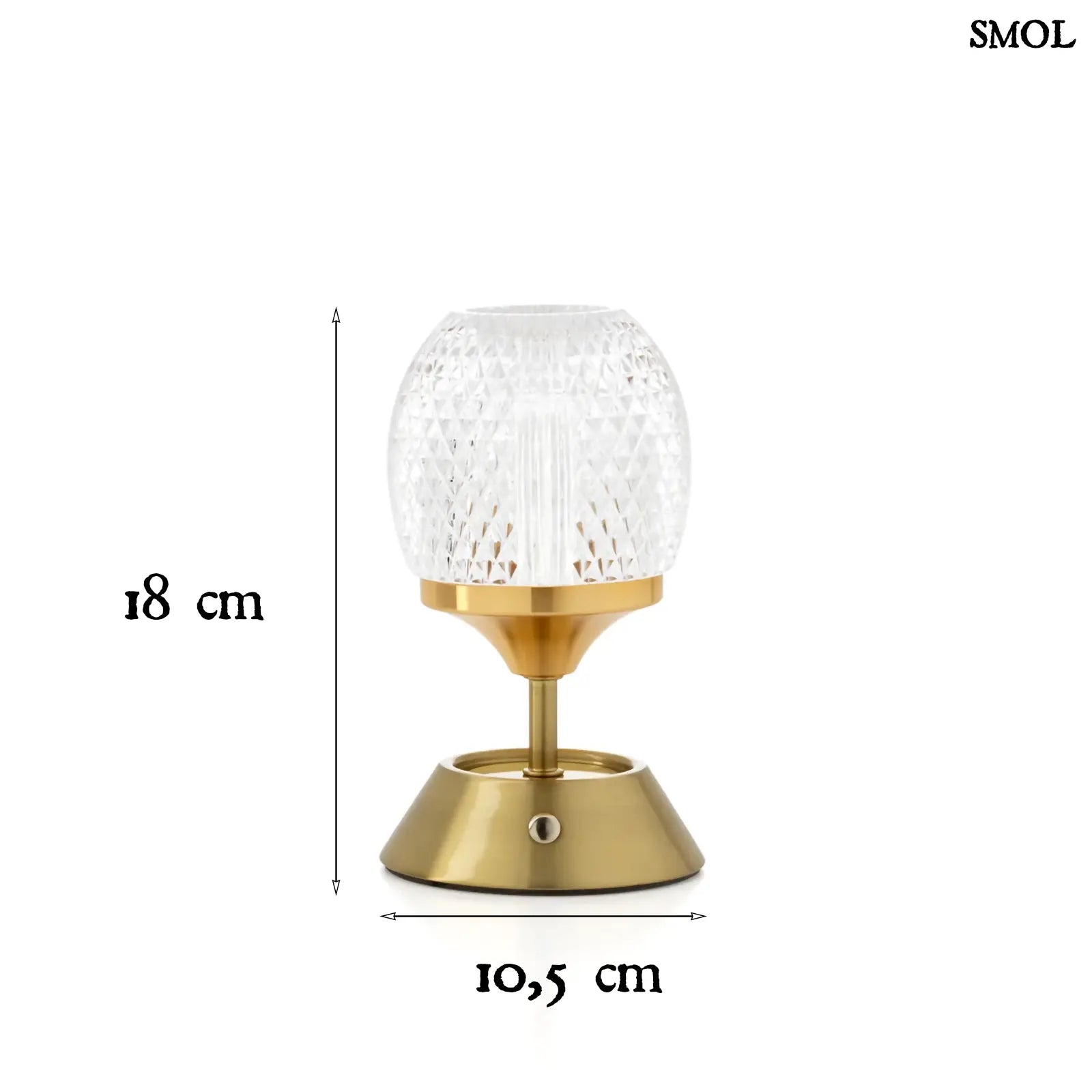 Sárgaréz talpú, kristályhatású, fazettált üveg búrával ellátott, hordozható, tölthető LED asztali lámpa méretekkel