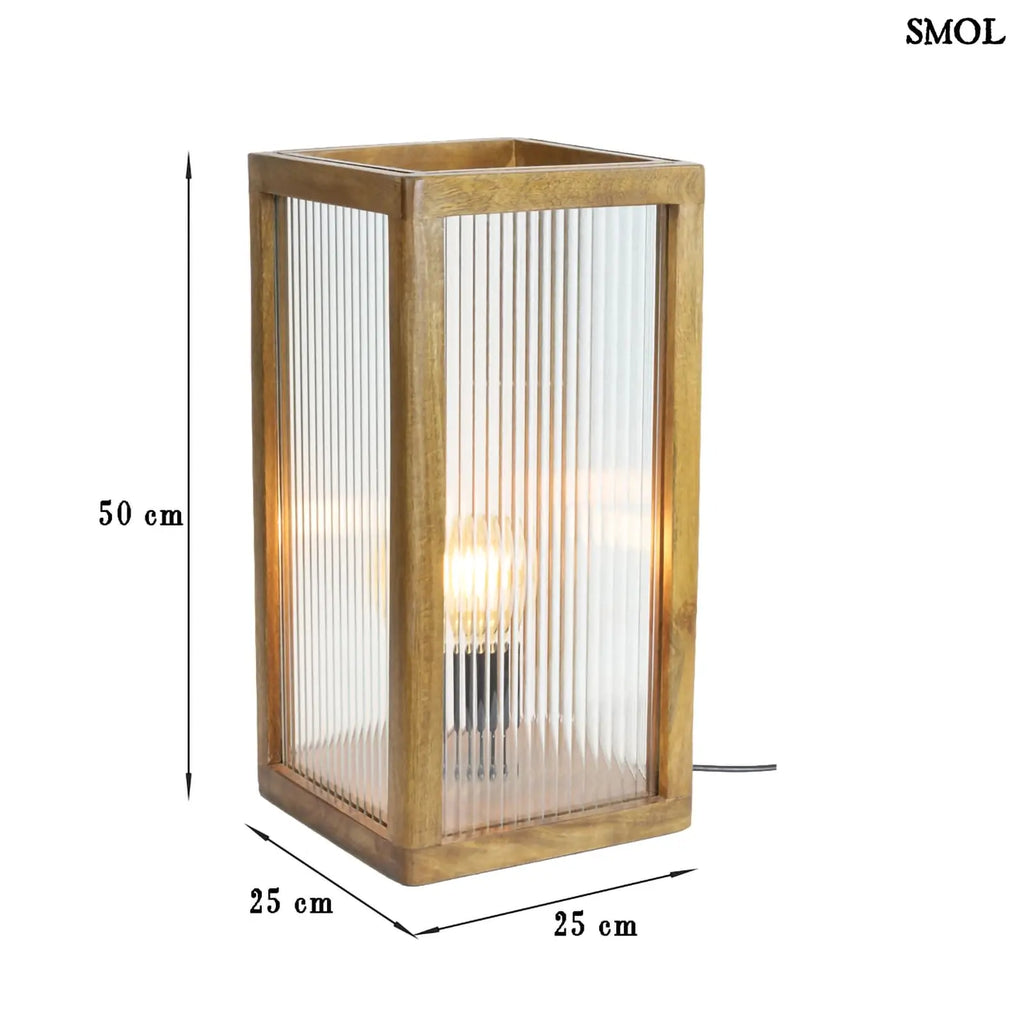 Asztali lámpa fa és üveg kombinációval | MARPA | SMOL - méretekkel