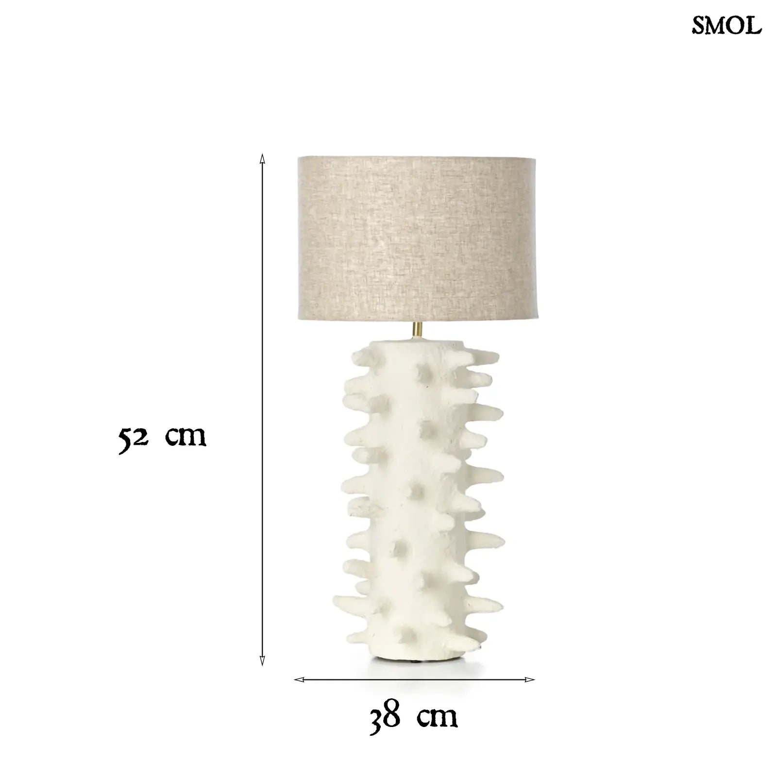 Fehér papírmasé asztali lámpa texturált, tüskés talppal és bézs lámpaernyővel méretekkel