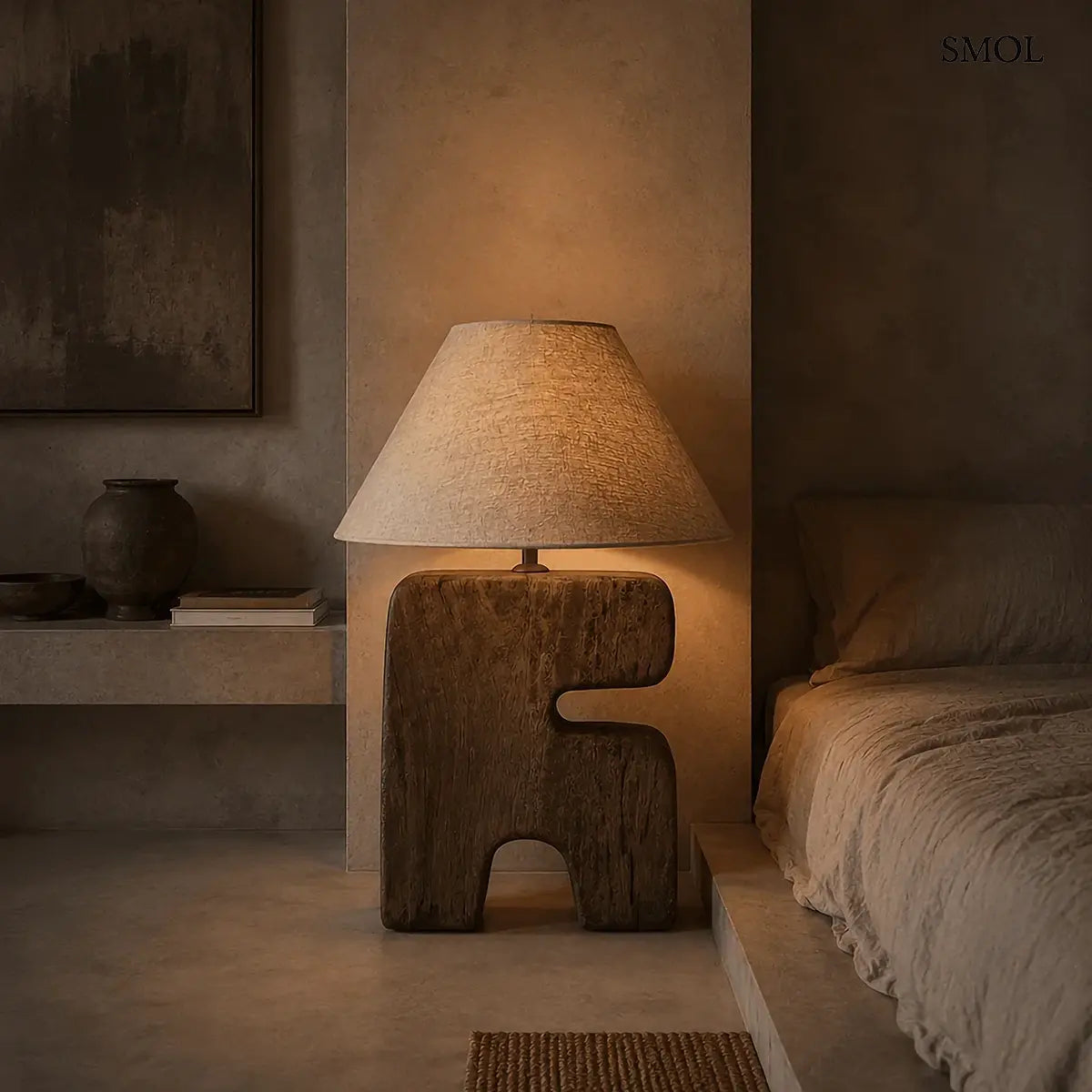 L'OBJET asztali lámpa tömör fából, barna, L méret – 30 × 40 cm, hálószobában