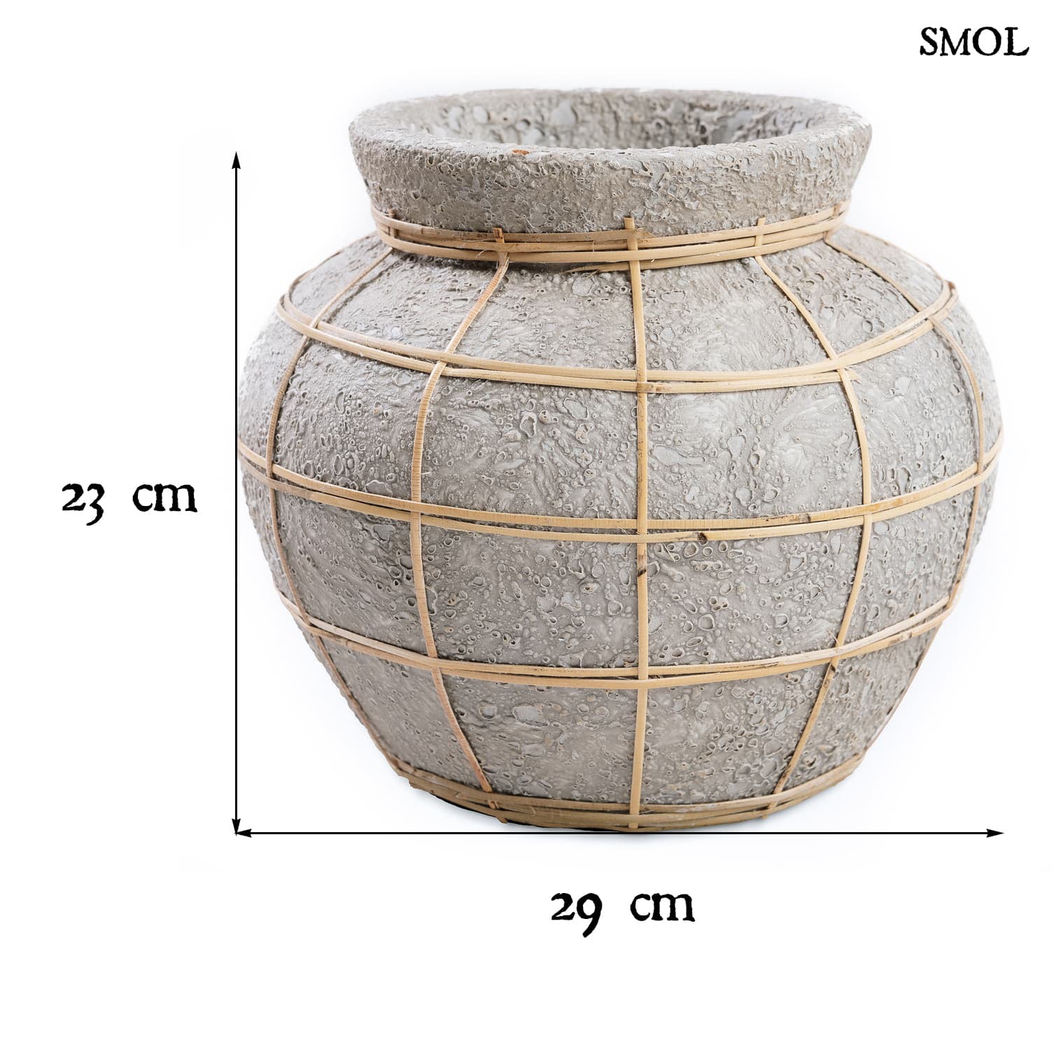 BELLY VASE, szürke terrakotta váza rattannal, ⌀29 cm - smol.hu - méretekkel