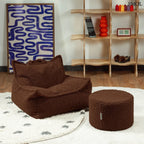 Prémium mogyoróbarna teddy anyagú babzsákfotel gyerekeknek, praktikus fogantyúval és kényelmes, stabil háttámlával, kerek puffal