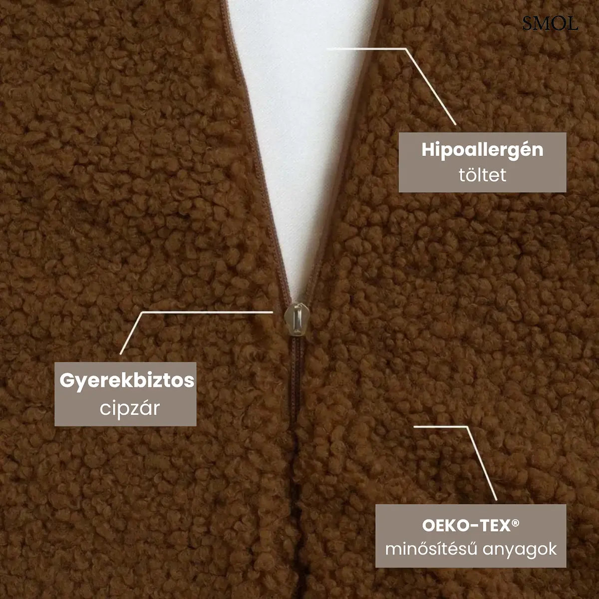 WARM HAZEL mogyoróbarna teddy szövetű gyerek babzsákfotel, anyagtulajdonságok