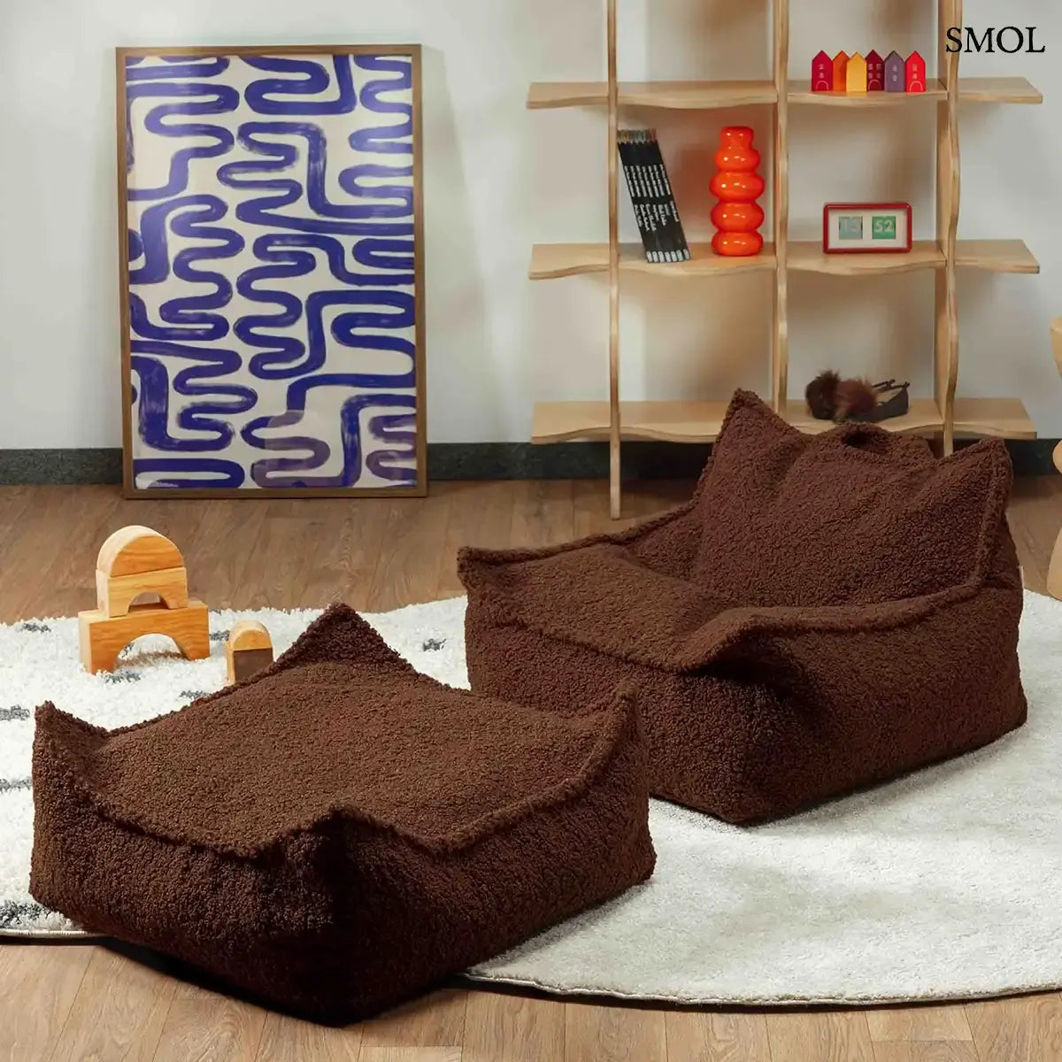 WARM HAZEL mogyoróbarna teddy szövetű gyerek babzsákfotel, babzsákpuffal