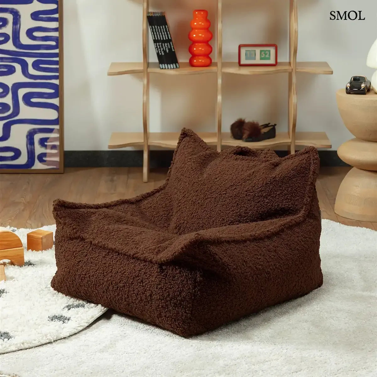 WARM HAZEL mogyoróbarna teddy szövetű gyerek babzsákfotel, gyerekszobában