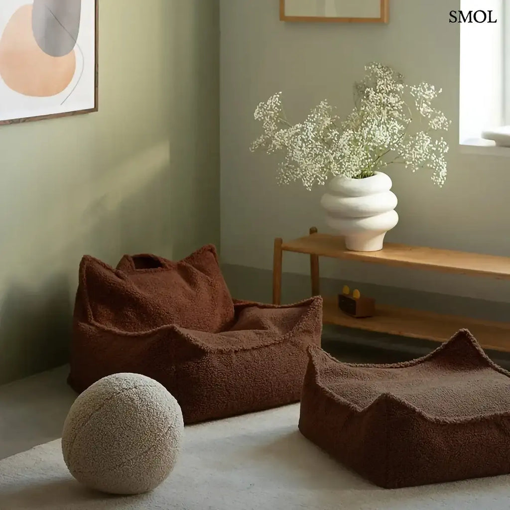 WARM HAZEL mogyoróbarna teddy szövetű gyerek babzsákfotel, vázával és labdapárnával