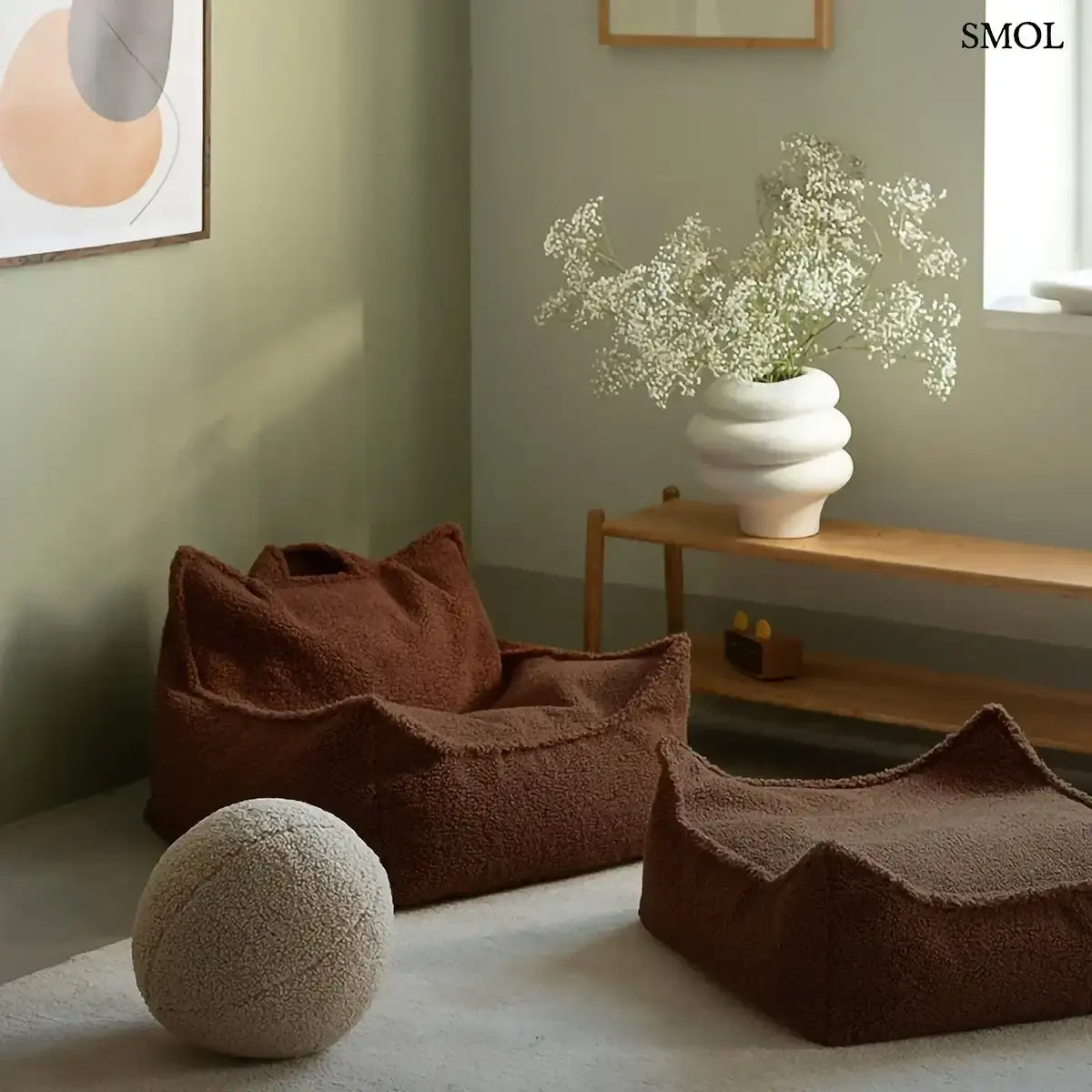 WARM HAZEL mogyoróbarna teddy szövetű gyerek babzsákfotel, vázával és labdapárnával