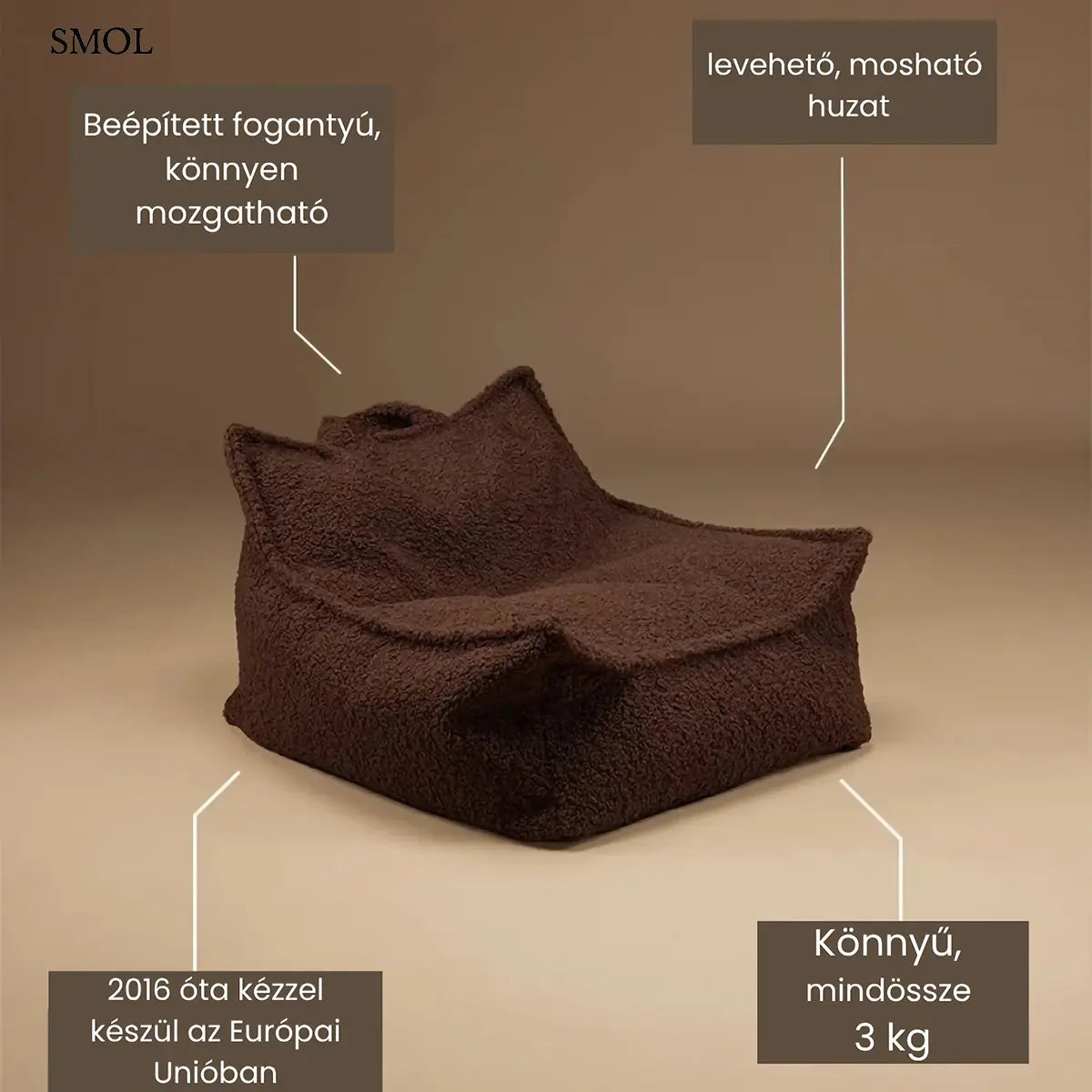 WARM HAZEL mogyoróbarna teddy szövetű gyerek babzsákfotel, terméktulajdonságok