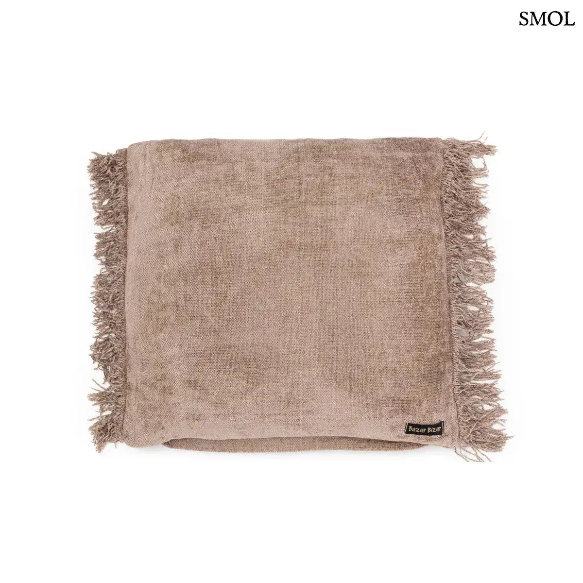 Kőszürke bársony díszpárnahuzat rojtos szegéllyel, kézzel festett, fehér háttérrel