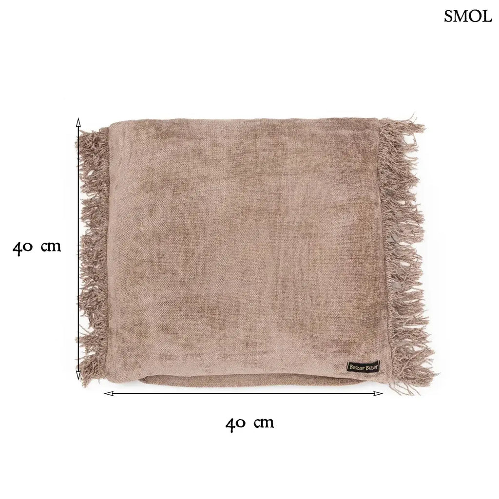 Kőszürke bársony díszpárnahuzat rojtos szegéllyel, kézzel festett, méretekkel