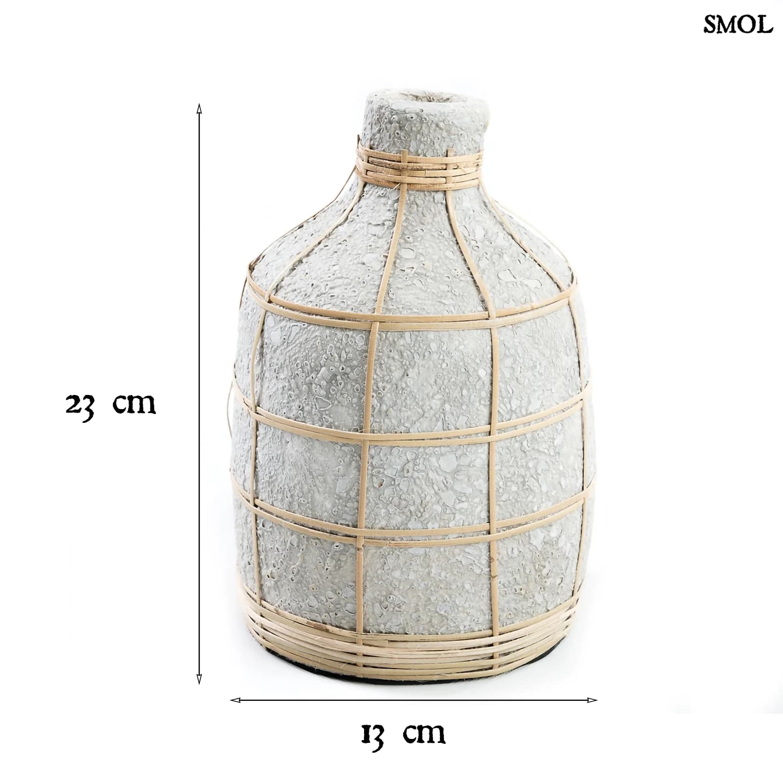 Beton Hatású Terrakotta Váza Rattan Díszítéssel, 23 cm | WHOOPY | SMOL - méretekkel